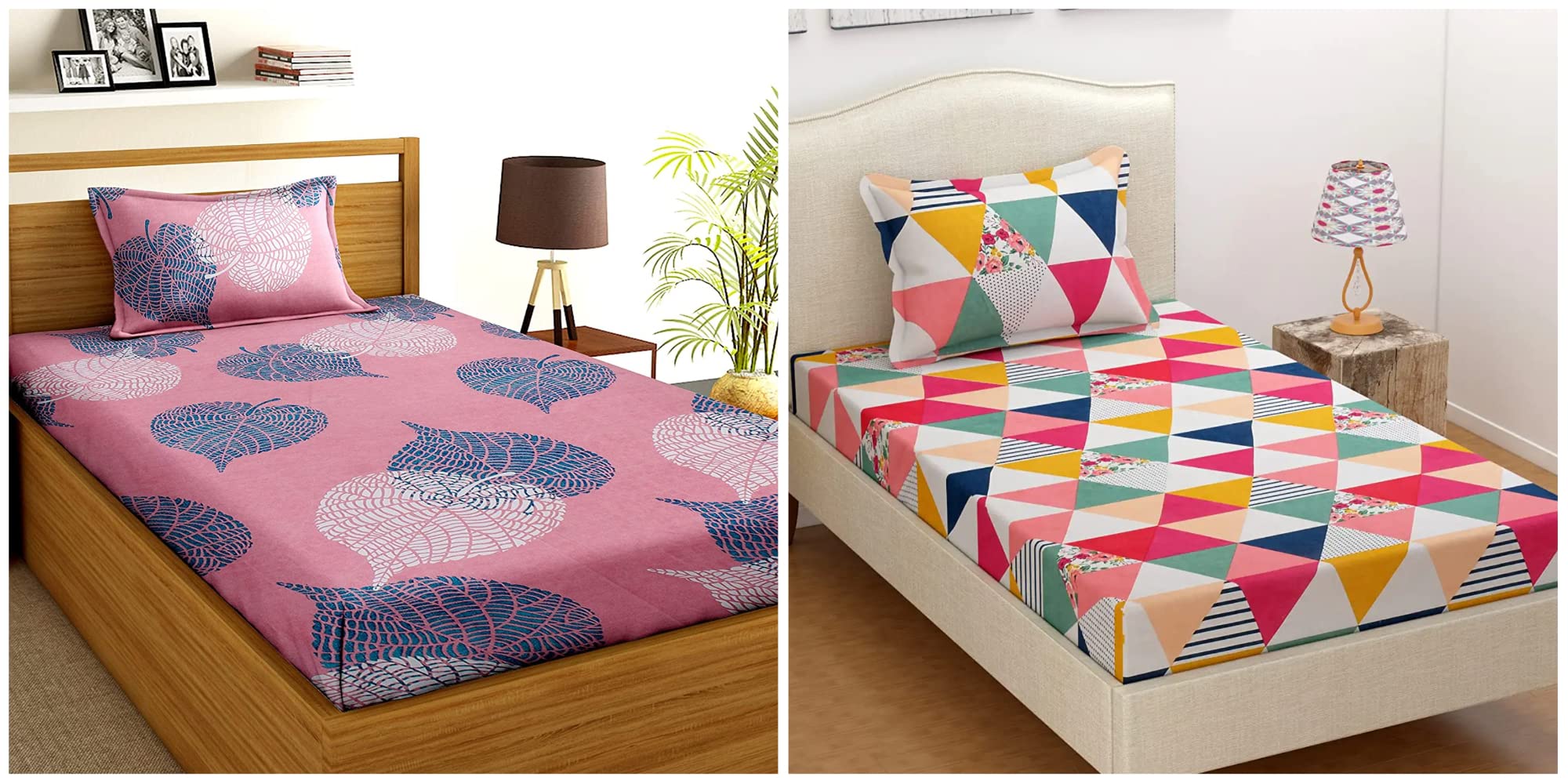 Luxury Trends Cotton Feel Pack of 2 (Two) Elastic Fitted Bedsheets with 2 King Size Pillow Covers | Single Coat Bed with All Around Elastic 180 TC Supersoft |Size-78x36+6 inches |Pink & Multicolour