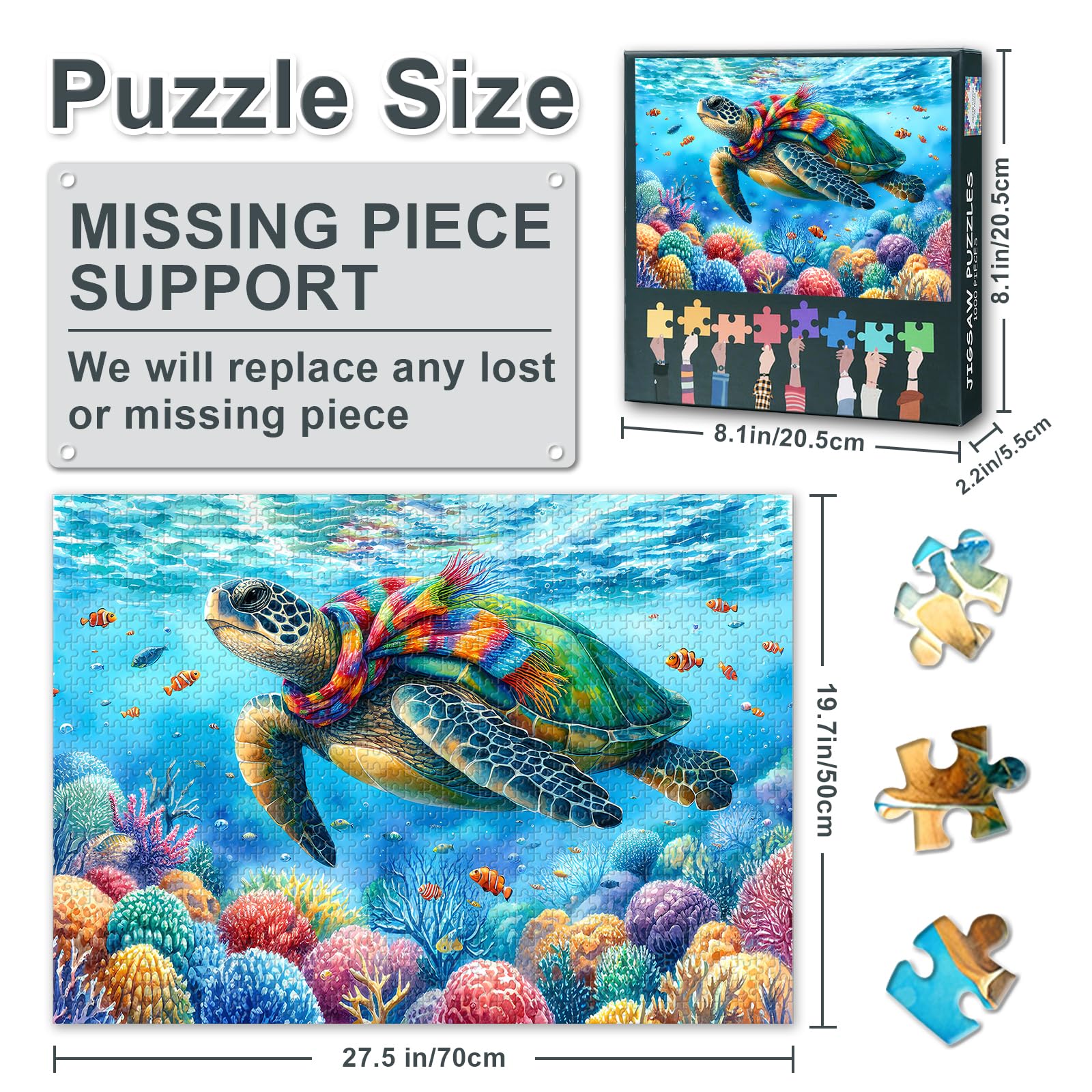 Tropical Coral Reef Sea Turtle Jigsaw Puzzle 1000 Pieces for Adults Ocean Life Marine Animal Puzzle Vibrant Underwater Scene Relaxing Challenging Activity Gift Idea 27.5x19.7 Inch - Image 3