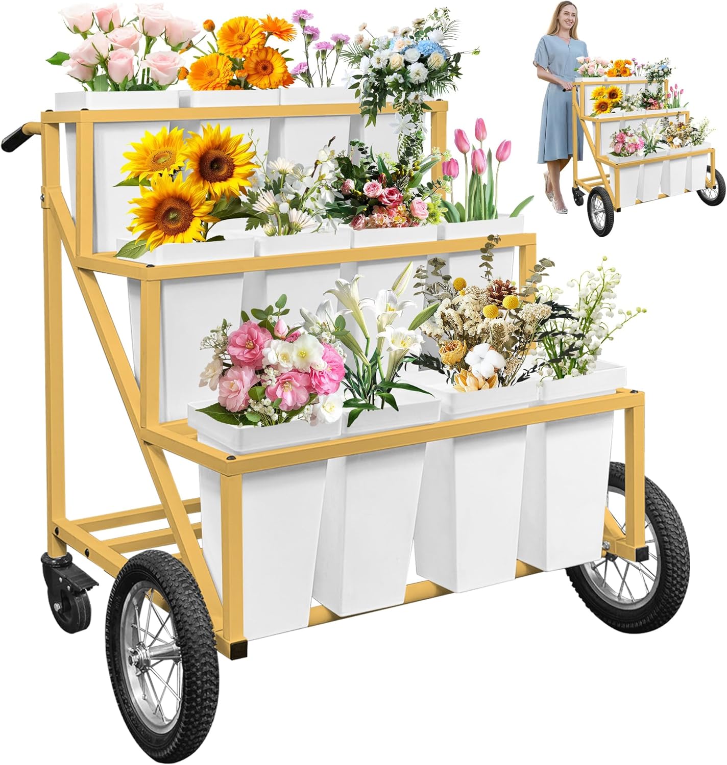 Prolee Flower Stand, Flower Cart with 12 Buckets, Flower Display Stand with Large Wheels, Flower Cart, Moving Florist Bouquet Shelf (Gold)
