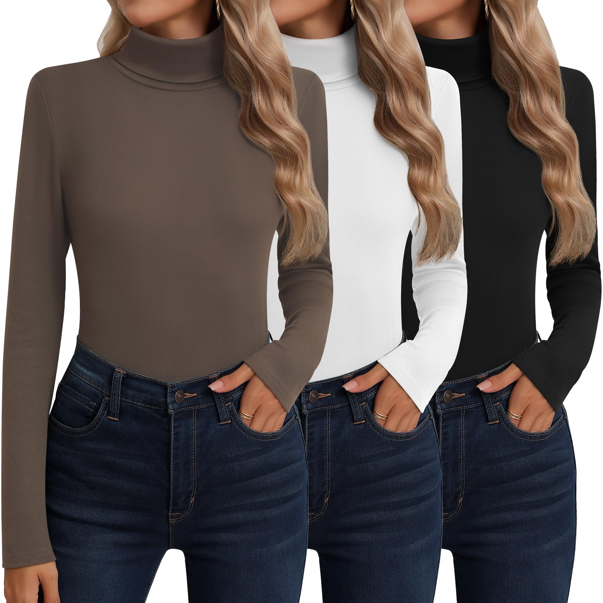 Neer 3 Pack Cotton Women's Turtleneck Long Sleeve Tops Thermal Underwear Base Layer Fall Winter Shirts Sweater(Black, White, Mocha,L)