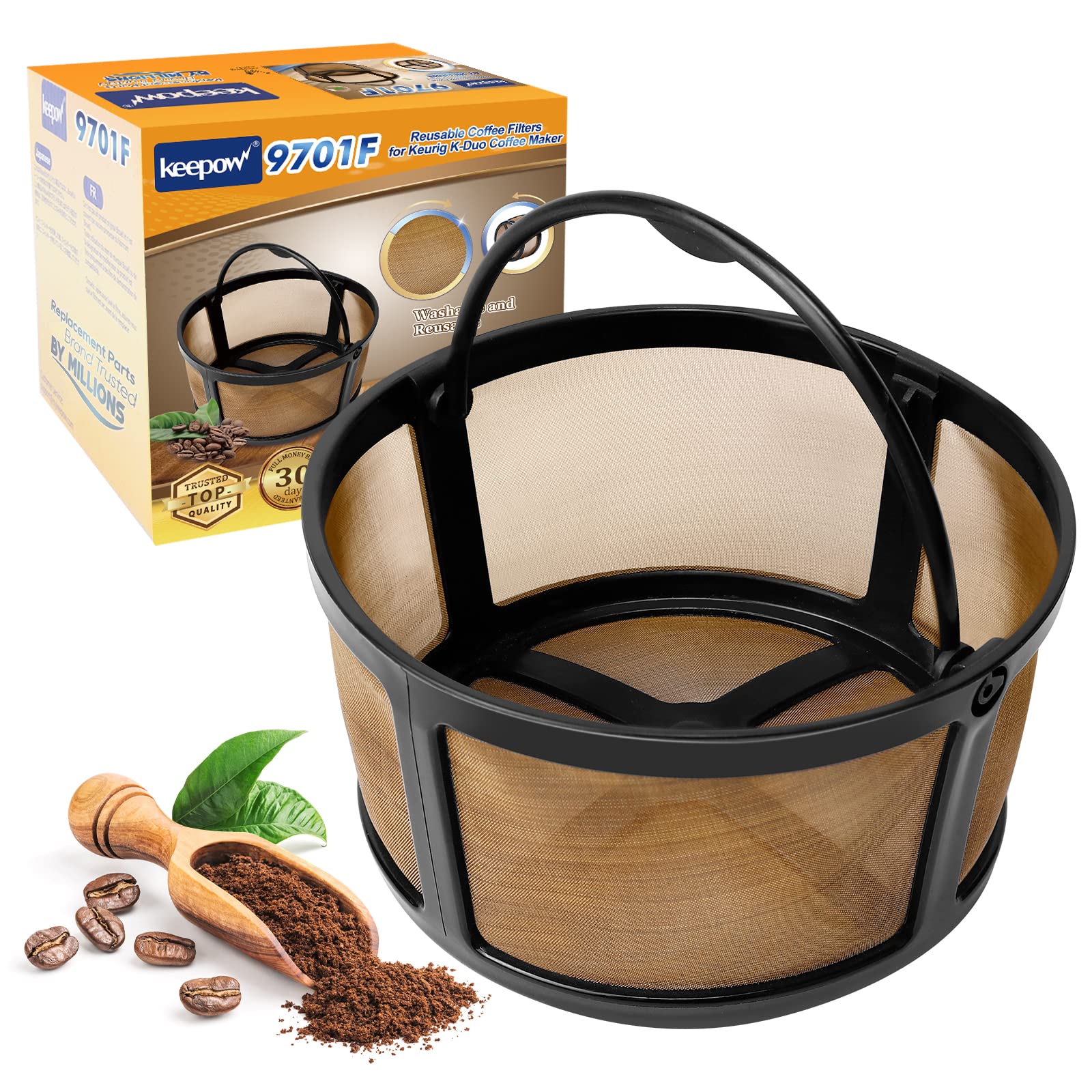 KEEPOW Reusable Coffee Filter Compatible with Keurig K-Duo Essentials and K-Duo Brewers Machine, Gold Tole Mesh Coffee Filter, 8-12 Cup Carafe Basket Coffee Makers Accessories