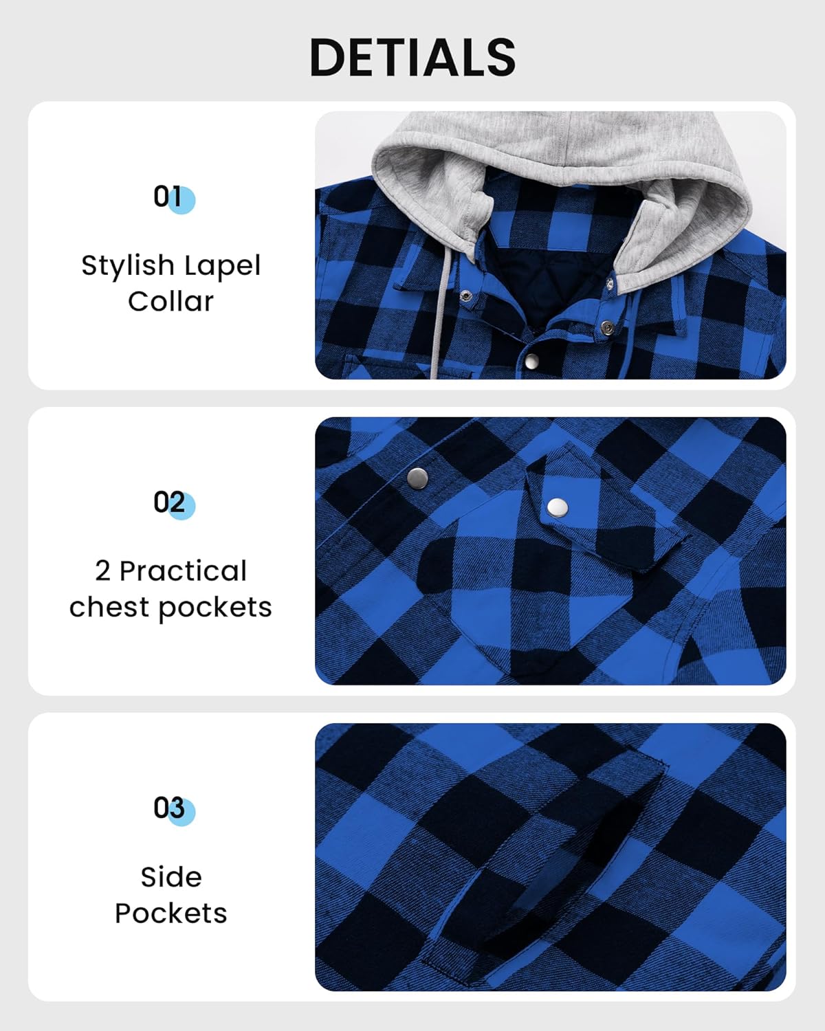 WULFUL Men's Cotton Plaid Shirts Jacket Fleece Lined Flannel Shirts with Hood - Image 7