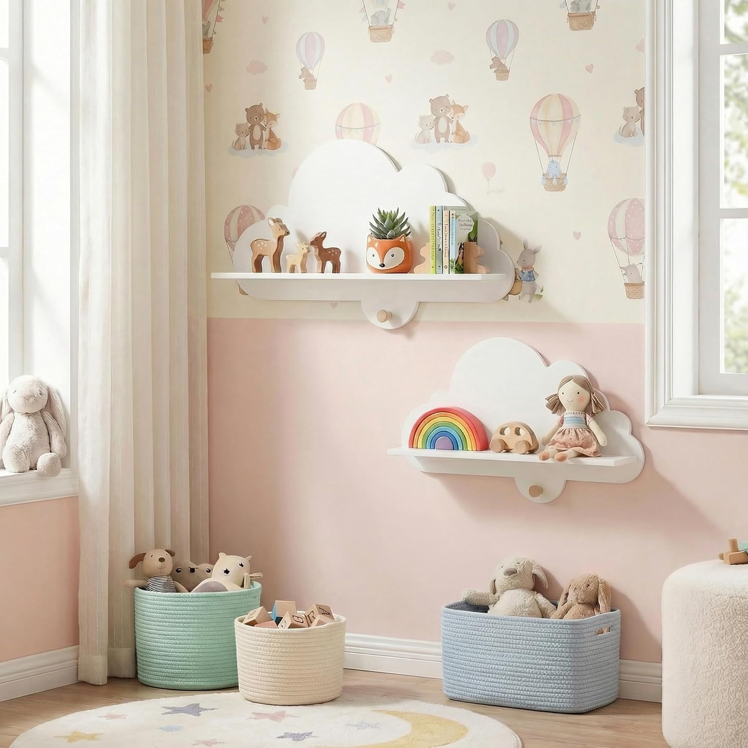 HONEY JOY Wall Mounted Kids Book Shelves Set of 2, Cloud-Shaped Floating Book Shelves w/Compartments, Space-Saving Cute Bookcases, Wooden Display Storage Rack for Bedroom Nursery Kindergarten