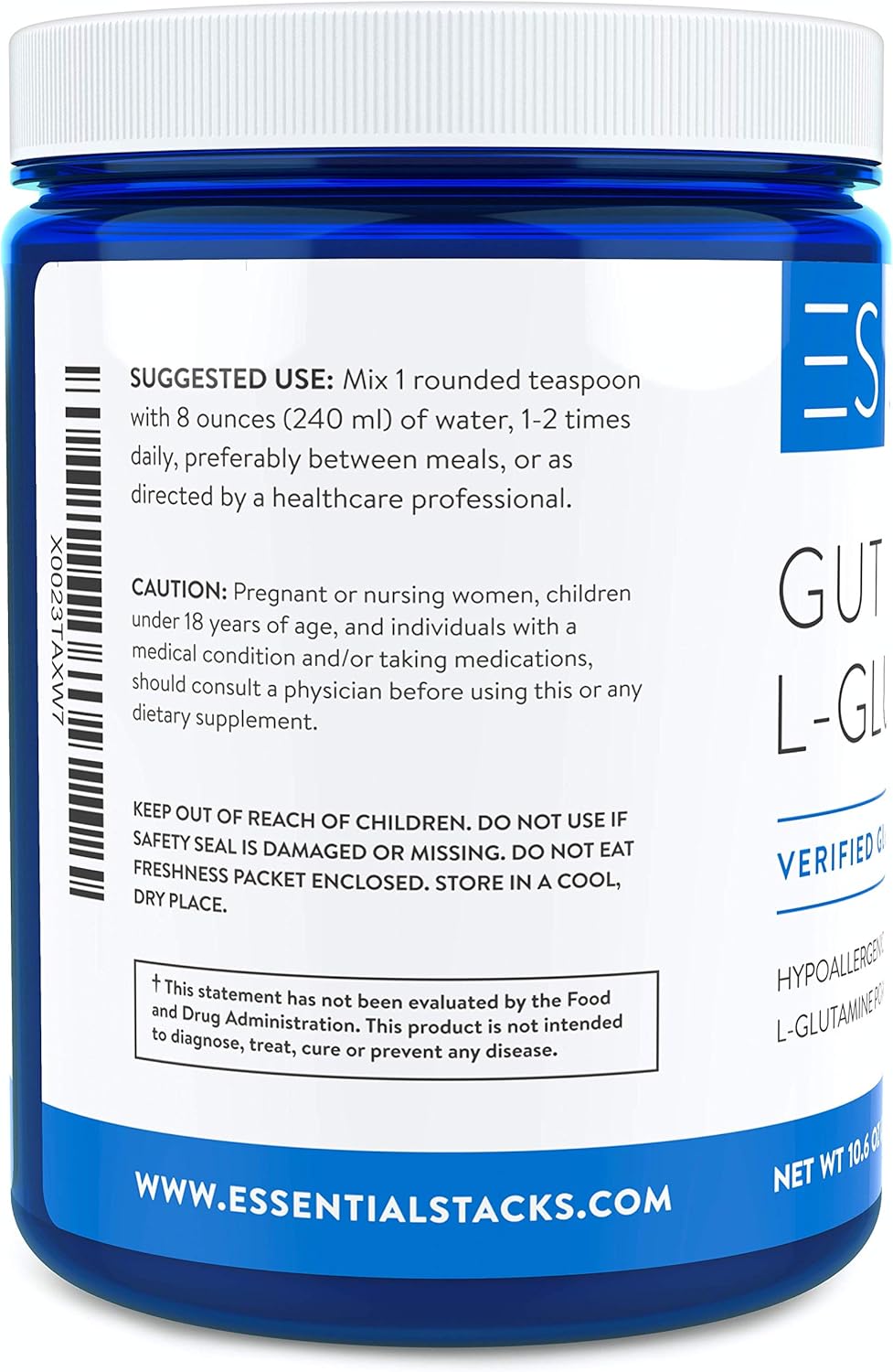 Essential Stacks Gut L-Glutamine Powder – Gluten, Dairy & Soy Free, Vegan, Non-GMO & Hypoallergenic with 3rd Party Verified Allergen Testing - Pure Unflavored L Glutamine for Optimal Gut Health : Health & Household