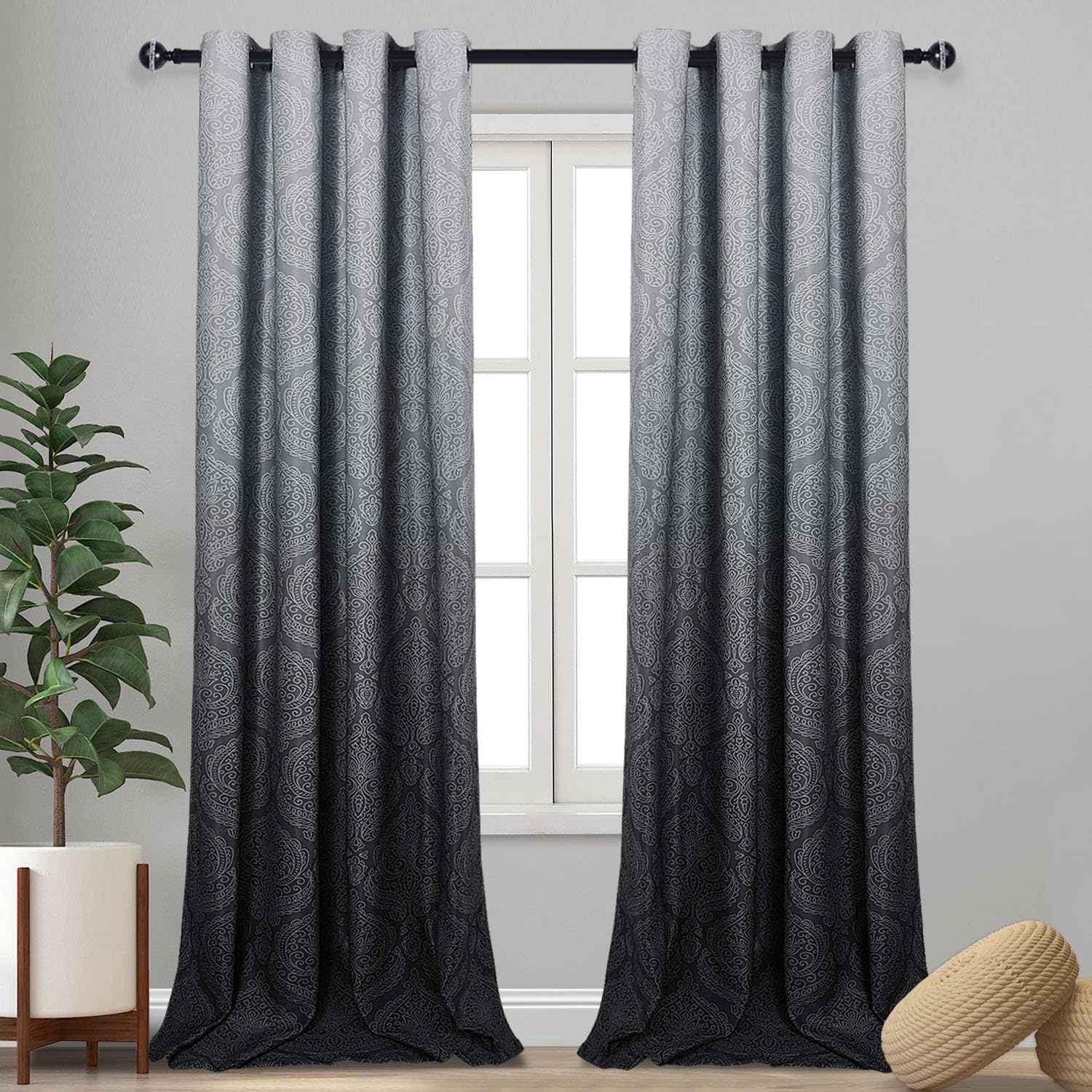 DWCN Ombre Blackout Curtains for Living Room - Thermal Insulated Block Light Energy Saving Privacy Gradient Damask Grommet Window Curtains for Bedroom, Set of 2 Panels, 52 x 102 Inch Length, Black