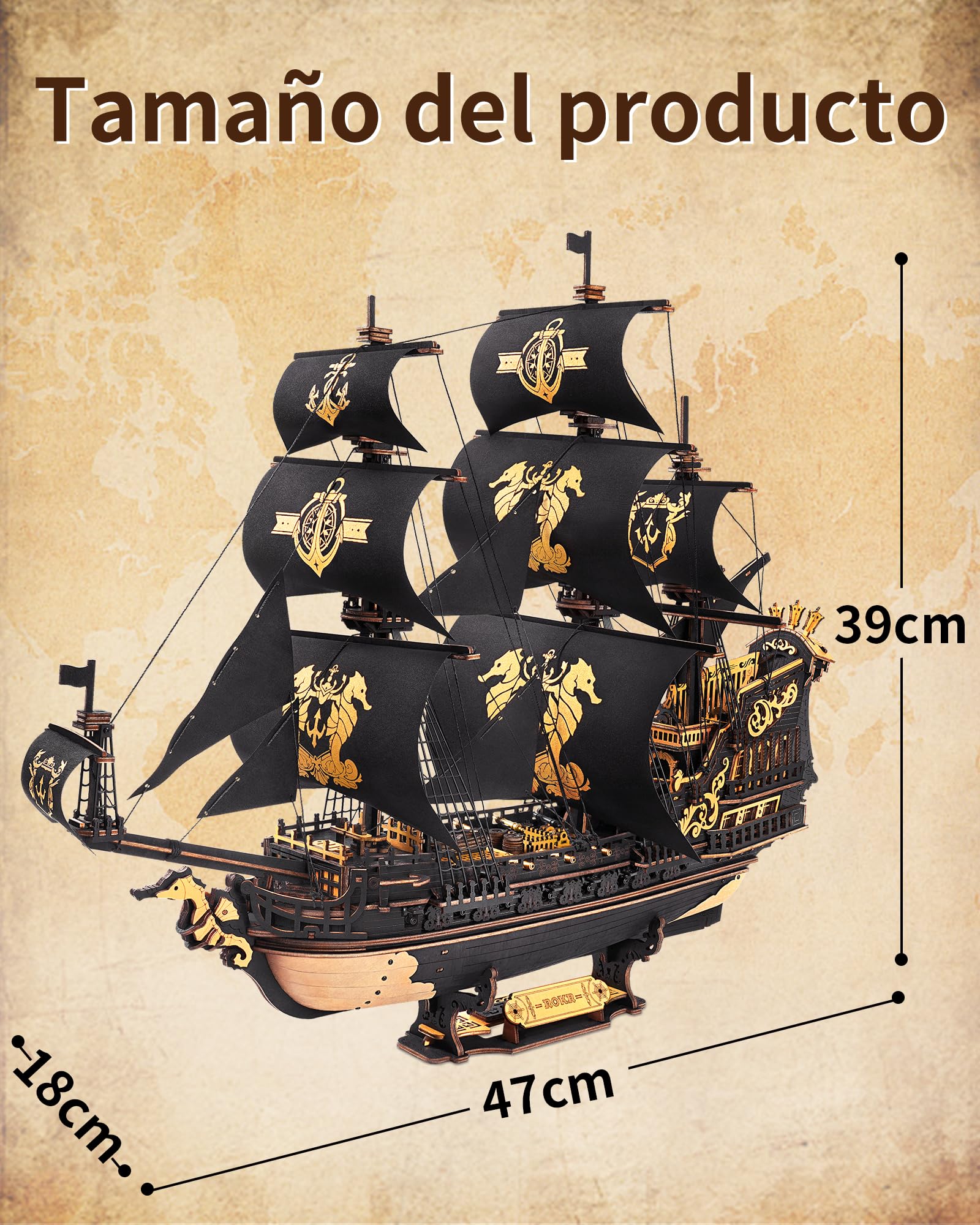 ROKR Kits de Maquetas de Barcos de Madera Con Rompecabezas 3D Para Adultos, Velero Mecánico DIY, Maquetas Para Adultos, The Seahorse Barque MCB02