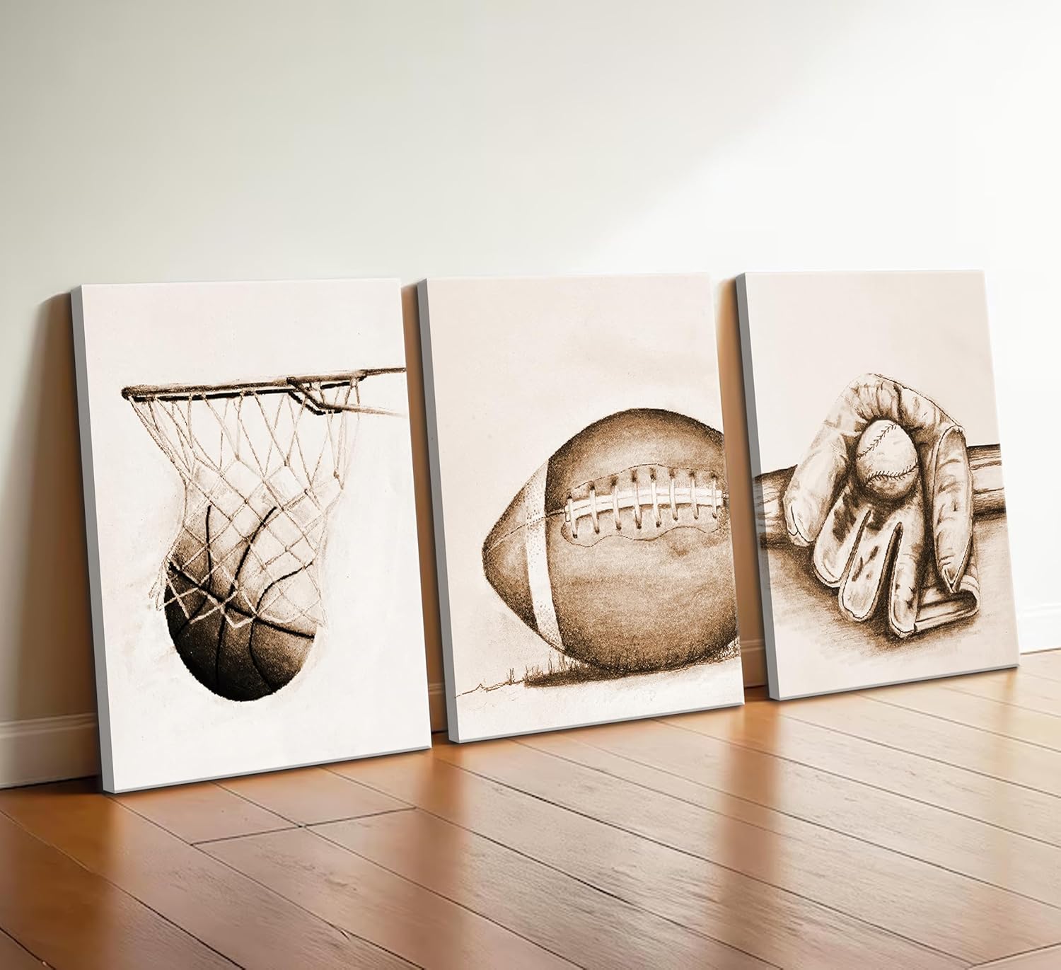 3Pcs Sports Wall Art Football Baseball Basketball Theme Painting Picture Wall Decor Vintage Sport Poster Print Artwork for Boy Room Playroom Bedroom Gameroom Home Decoration
