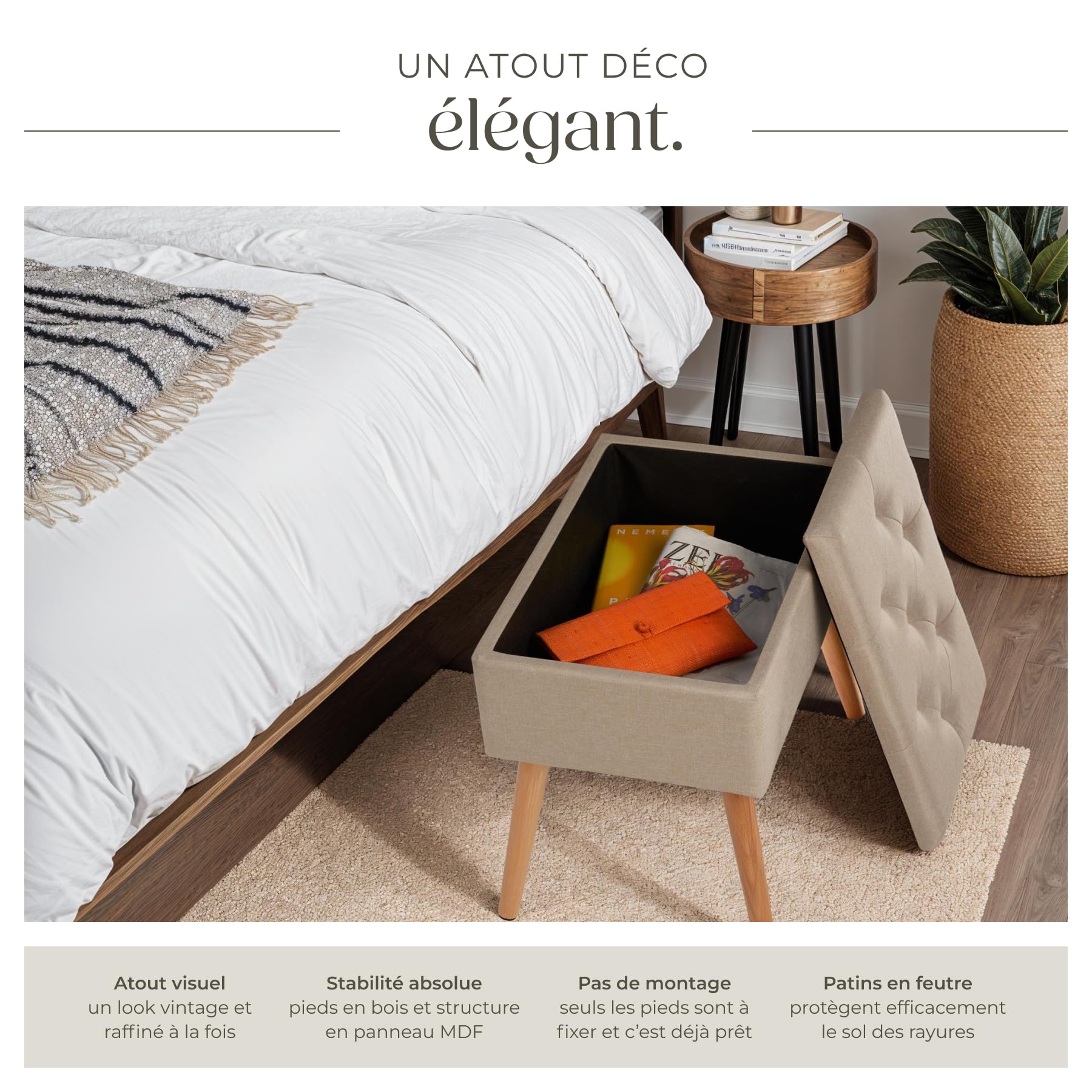 tectake® Banc de Rangement Pliable Bout de lit Aspect Lin Pieds en Bois Banc Entree Pouf Chambre Dressing Chambre Adulte Repose Pied Tabouret Coiffeuse Meuble Salon Maison Coffre a Jouet