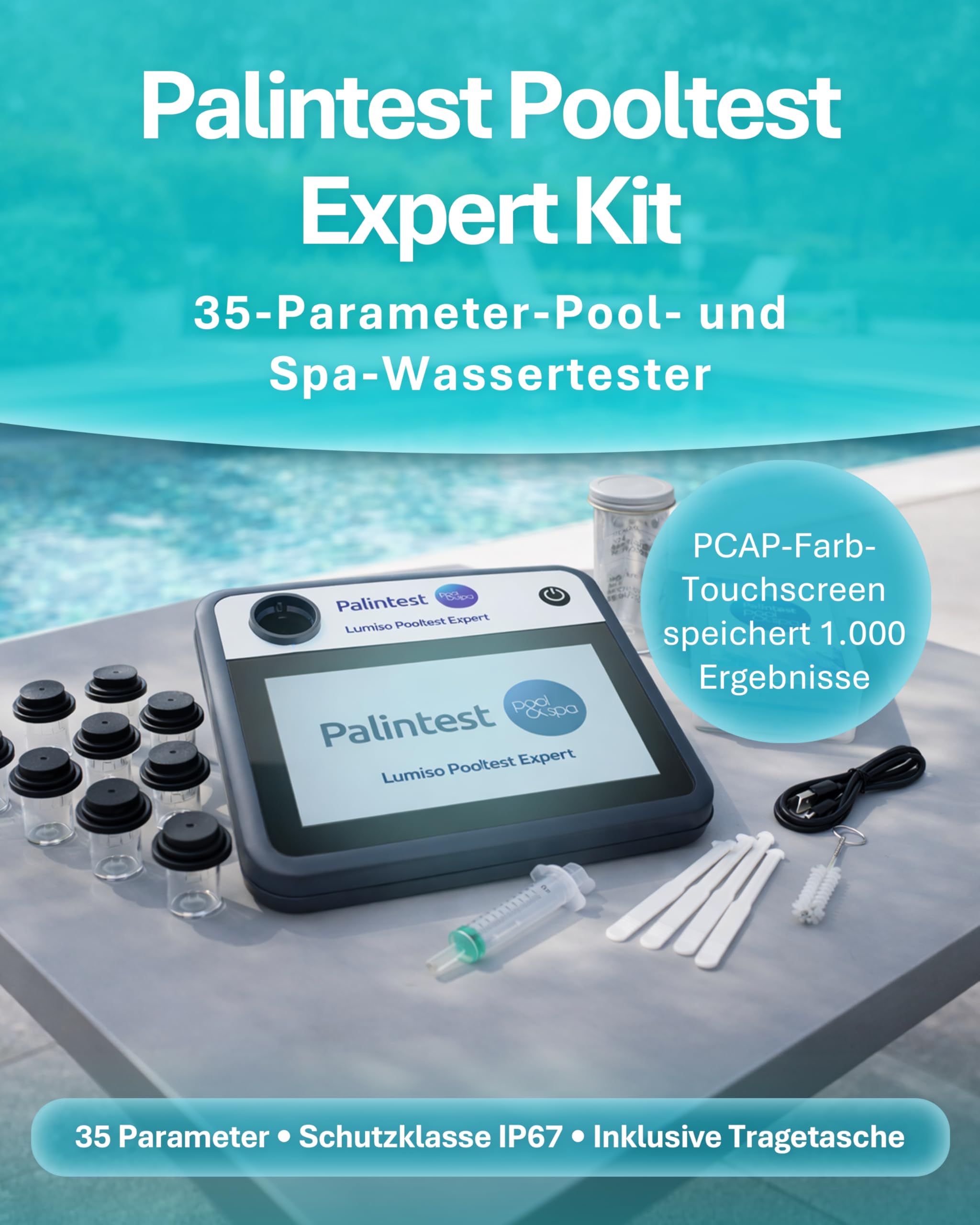 Palintest Lumiso Pooltest Expert Photometer Kit | 35-Parameter Pool- & Spa-Wasseranalyse | IP67 Tisch-Photometer mit Datenlogging & Touchscreen | Reagenzien & Hartschalenkoffer