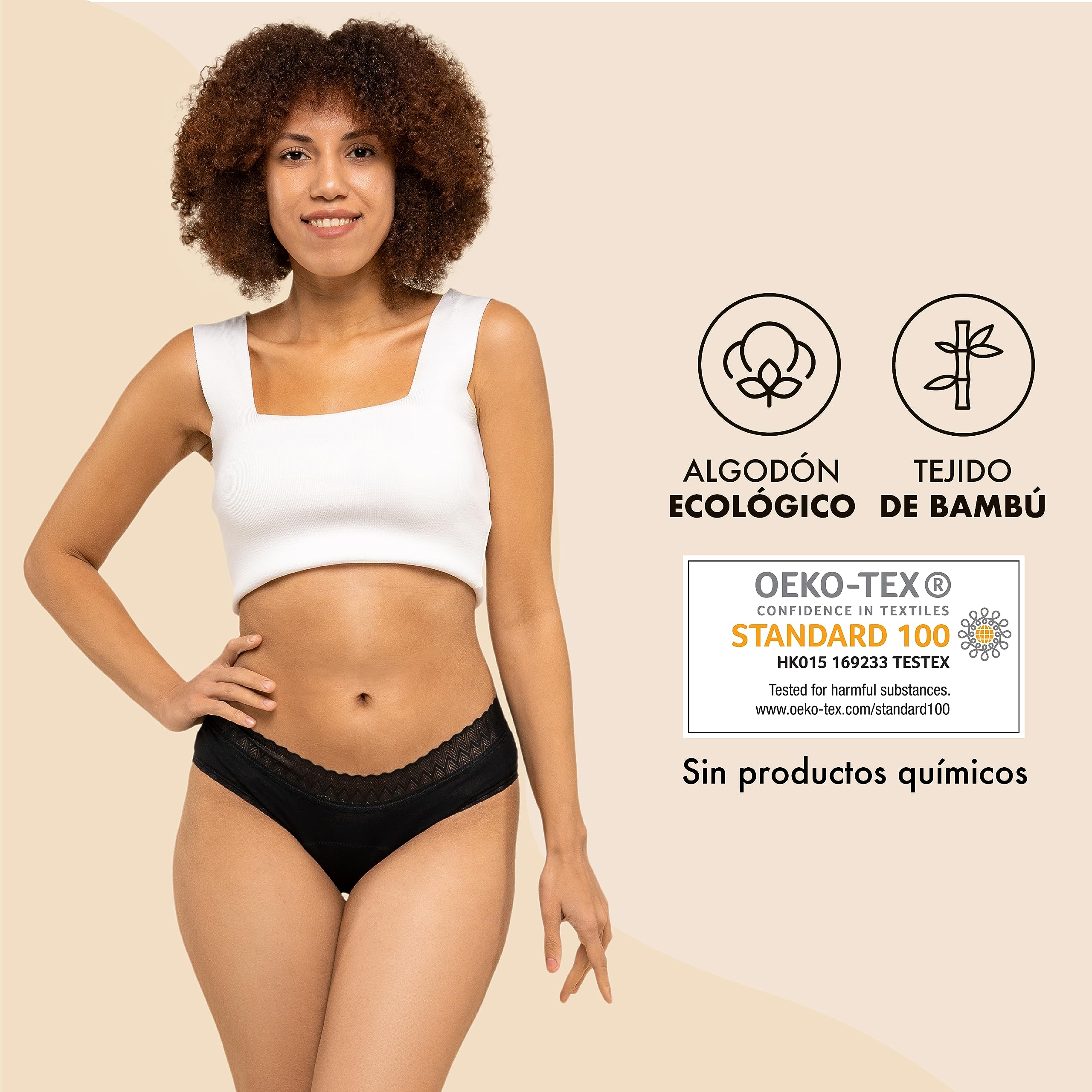 Bragas Menstruales Negras - Bragas de Mujer de Protección Hygiénia Absorbente y Lavable - Ropa Interior Mujer Ecológica y Reutilizable para la Menstruación