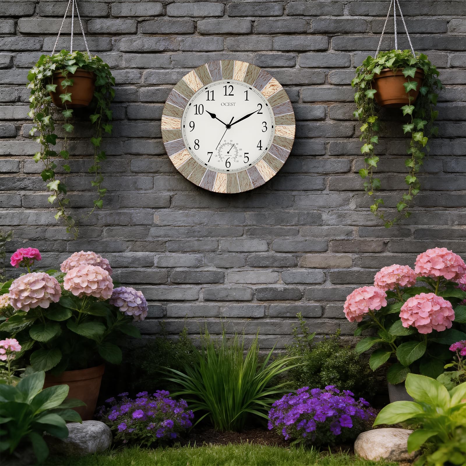 OCEST Reloj de 13 pulgadas para interiores y exteriores, impermeable, con termómetro, resistente a la intemperie, funciona con pilas, reloj decorativo para patio, piscina, porche, jardín (gris retro)