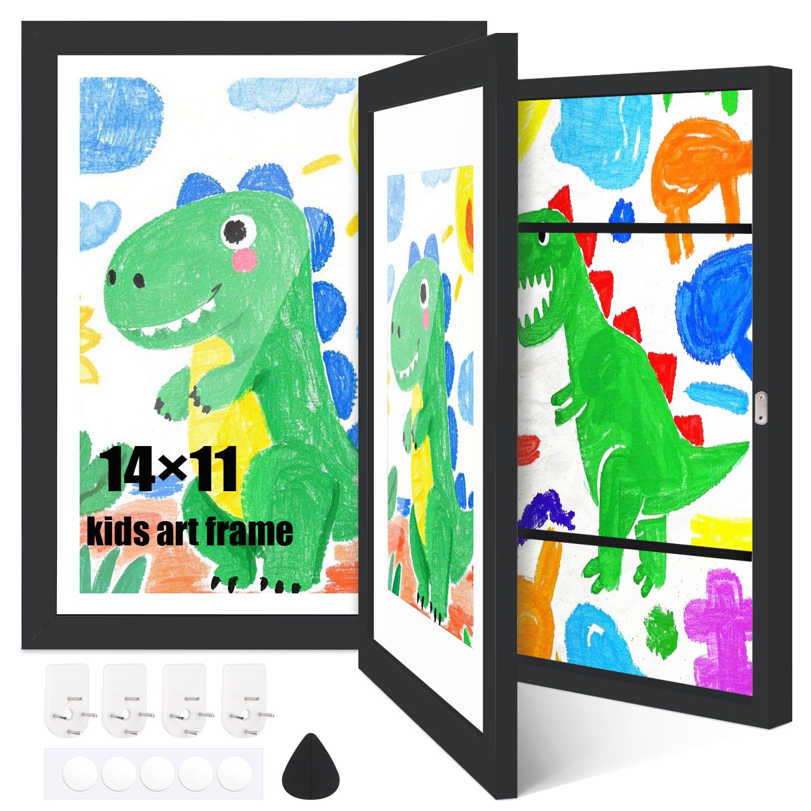 Cinpode 11x14 Kids Art Frames, 2-Pack Front Opening Kids Artwork Frames Changeable, 2 Mats Fit 8.5 x11 and 14 x11, Holds 50-150 Pcs, Picture Frames Kids Room Decor for Kids Drawings, Black