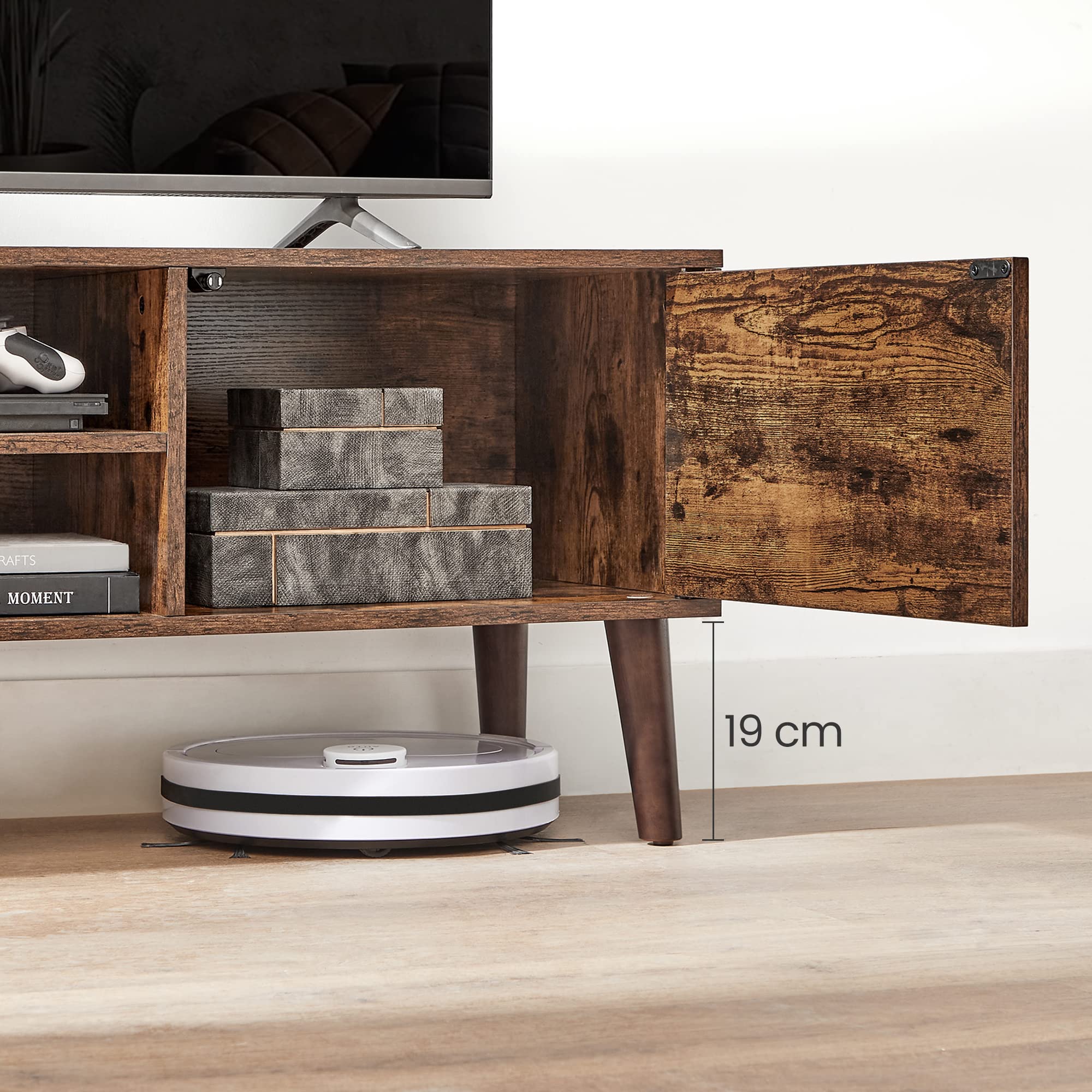 VASAGLE Mueble de TV, Mesa de TV, para televisores de hasta 55 Pulgadas, Largo de 120 cm, Centro de Entretenimiento, de Mediados de Siglo para Salón, Dormitorio, Marrón Rústico LTV120T01
