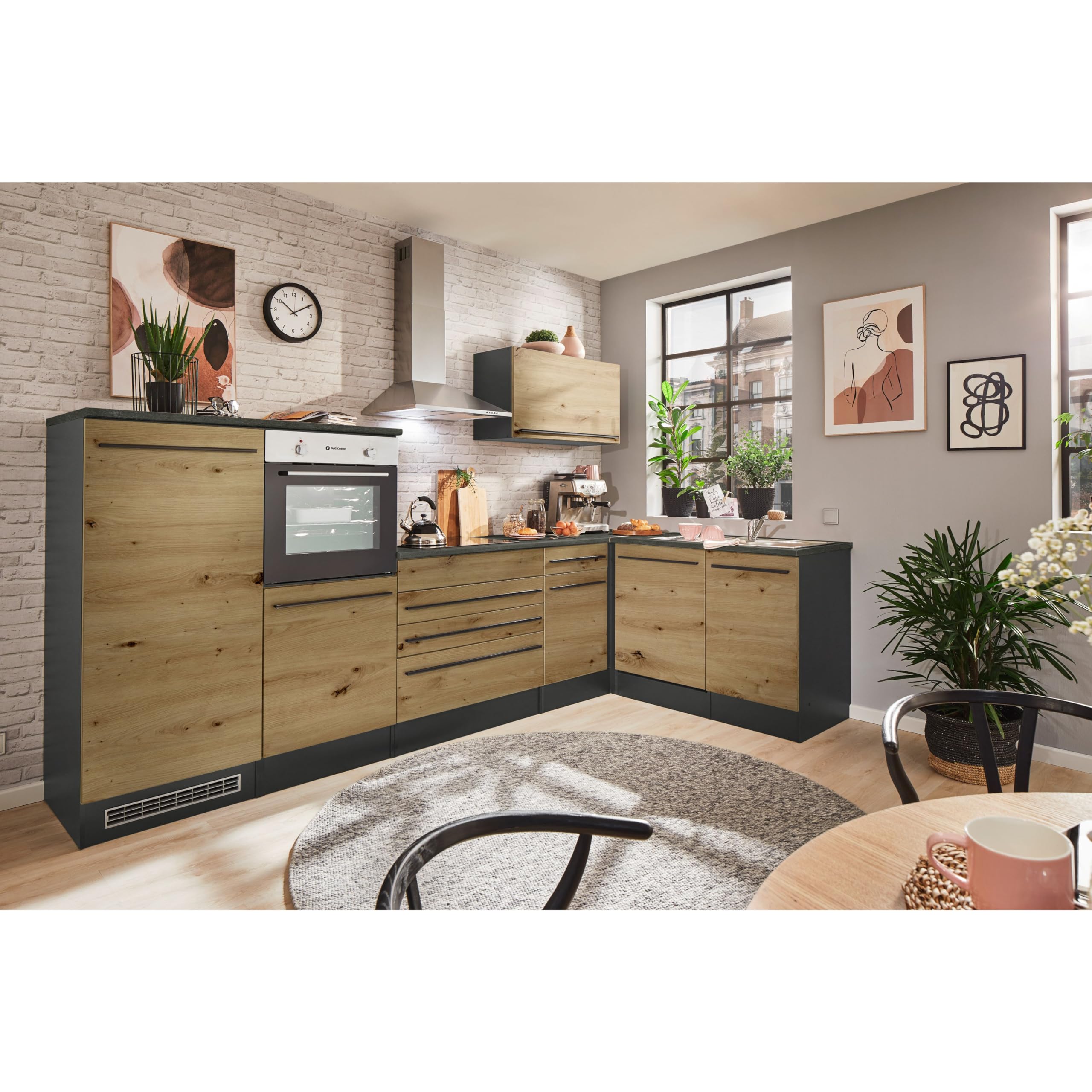 JAZZ Moderner Eckschrank Küche mit Arbeitsplatte in Anthrazit, Artisan Eiche Optik - Geräumiger Eck-Unterschrank mit viel Stauraum - 115 x 90 x 60 cm (B/H/T)