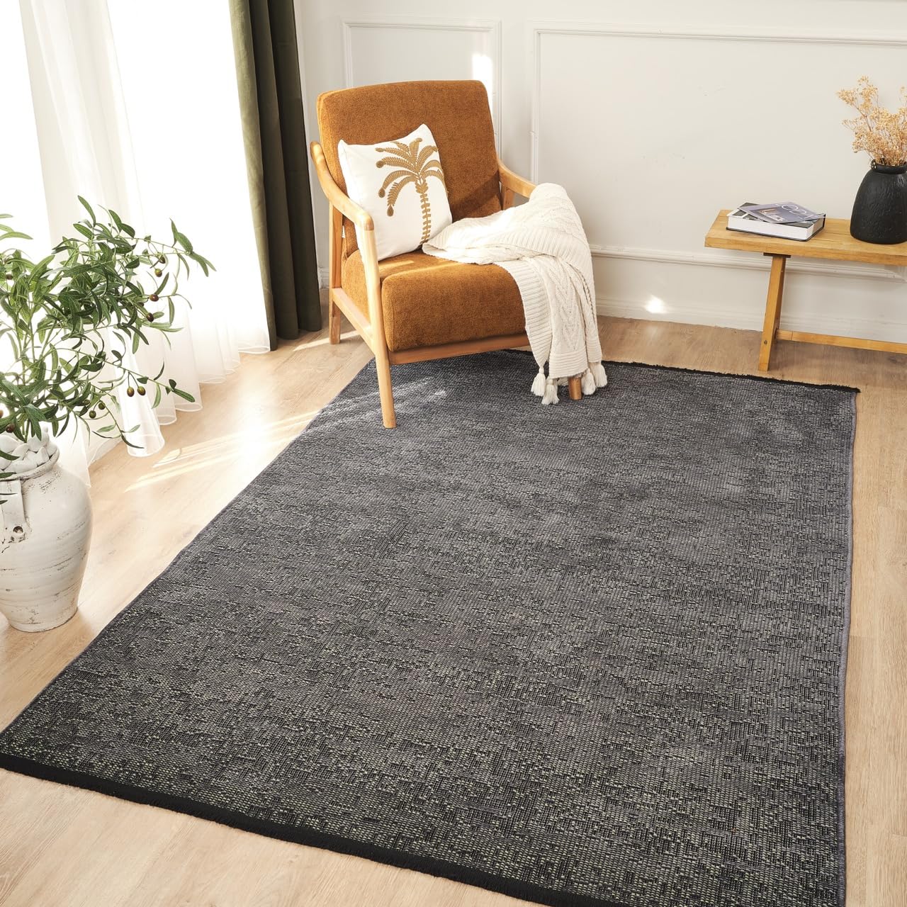 Ruglenza Woven Area Rug - Wool Blend Carpet, Modern Easy Clean Rug for Living Room, Anti Slip Backing, Elegant Durable Home Decor (Anthracite/Light Green, 120 x 170 cm)