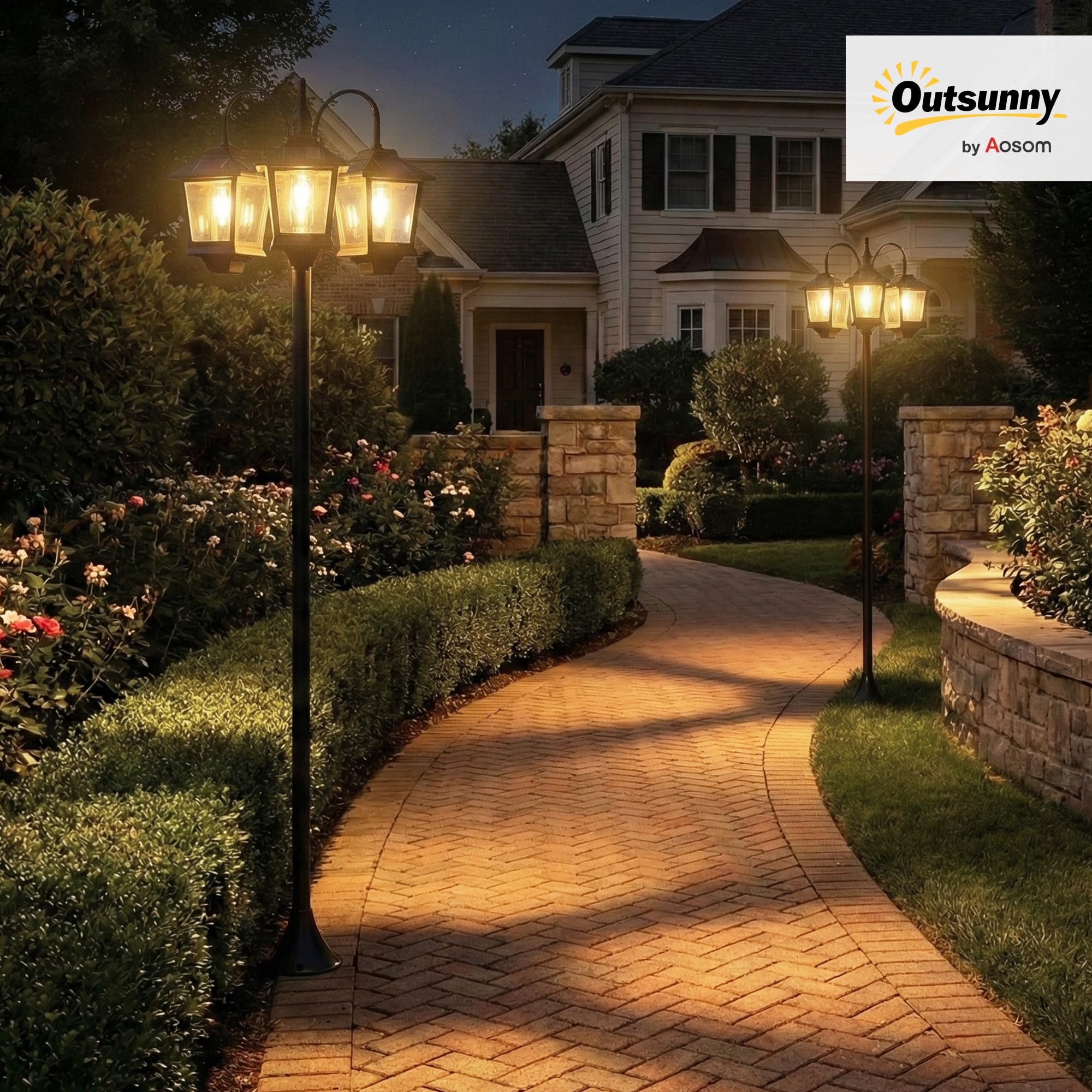 Outsunny Farola Solar Exterior de Jardín con 3 Cabezales, Luz Solar de Exterior de Aluminio con Encendido/Apagado Automático, Impermeable IP44, para Terraza, Patio, 40x34,5x188 cm, Negro