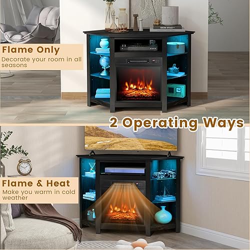 Miniatura 7 de COSTWAY Soporte esquinero para TV de hasta 50 pulgadas moderno centro de entretenimiento de chimenea eléctrica con control remoto 3 brillo