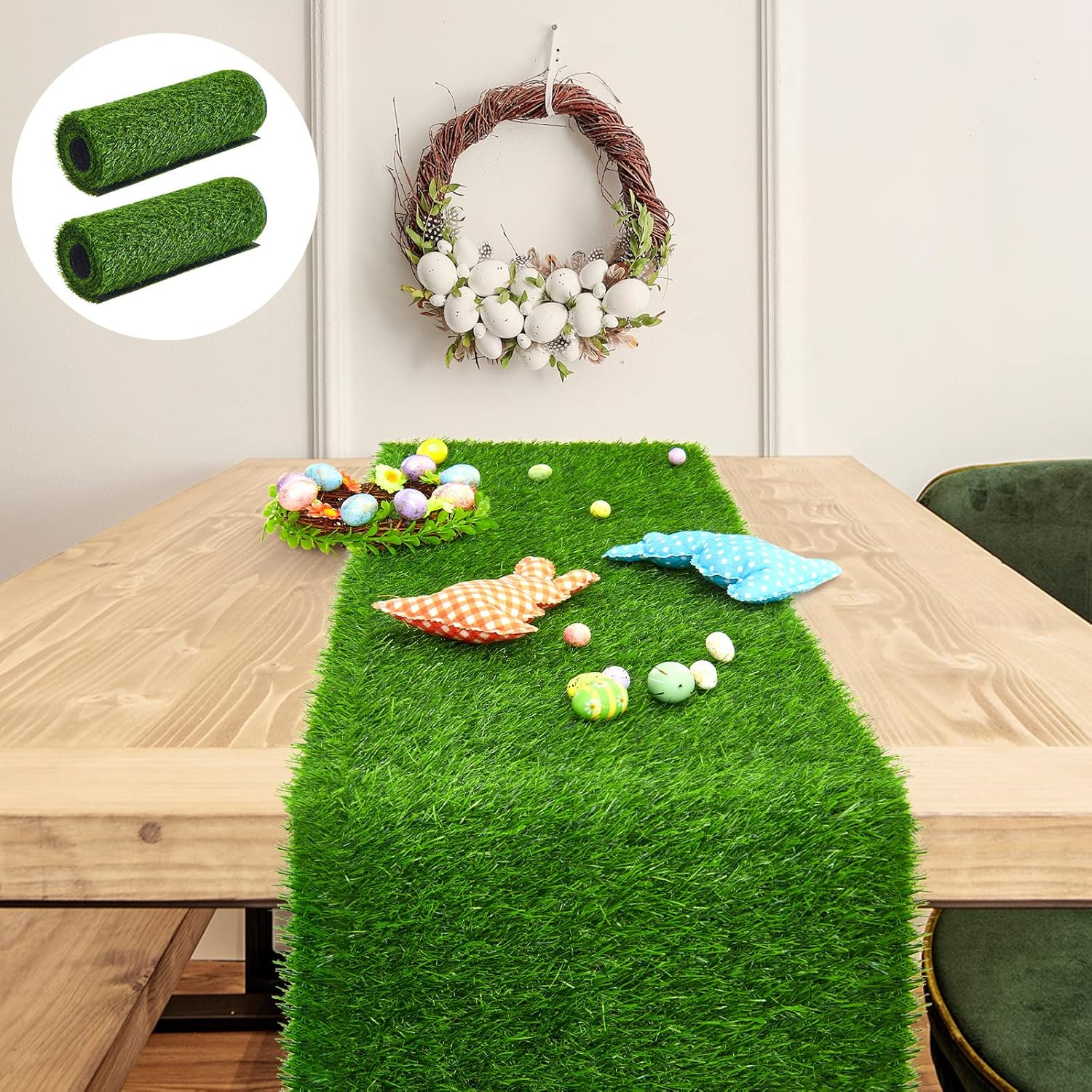 2 Pack Easter Artificial Grass Table Runner 3 cm Thickness Green