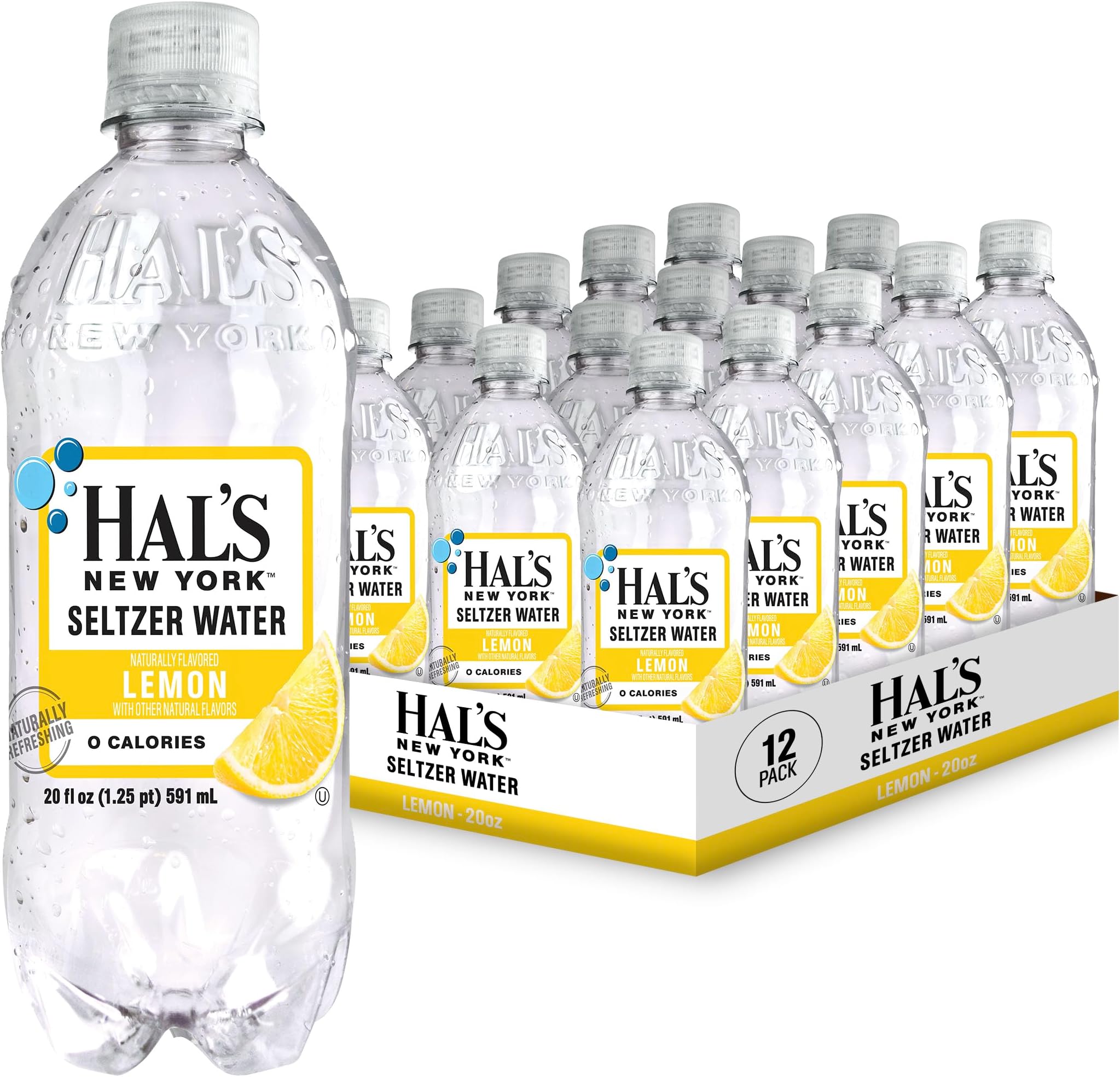 Hal's New York Seltzer Water, Lemon Sparkling Water, 20 Fl Oz Bottles (Pack of 12)
