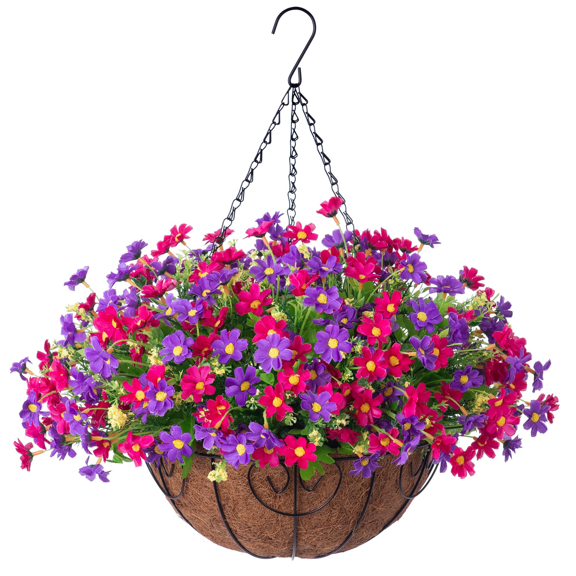 Ammyoo Artificial Hanging Flowers Basket for Patio Garden Porch Deck Spring Summer Decoration, Artificial Daisy Arrangement,Fake Plants in 12 inch