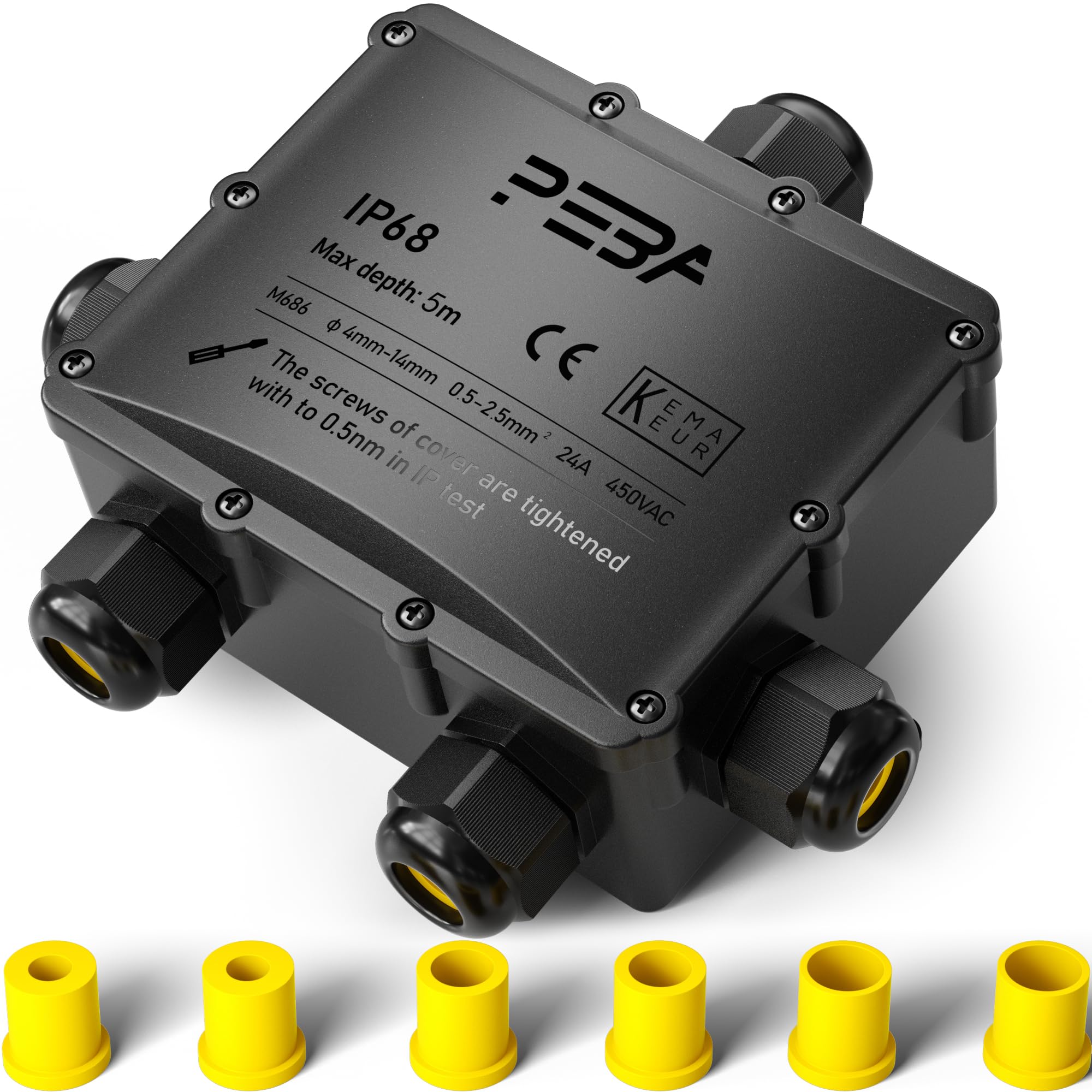 PEBA Abzweigdose IP68 Verteilerdose Wasserdichte Kabelverbinder Klemmdose für Aussen 5-Wege für Kabel mit einem Durchmesser von 4–14 mm, Schwarz