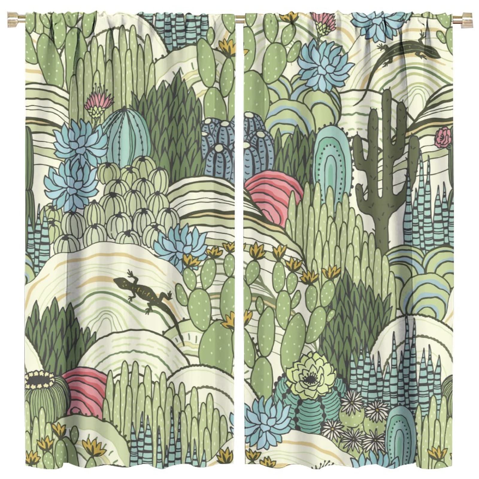Floral Landscape Window Curtains,Vintage Style Natural Colored Succulents Red Blue Green Cactus Blackout Drapes,Tropical Desert Landscape Curtains for