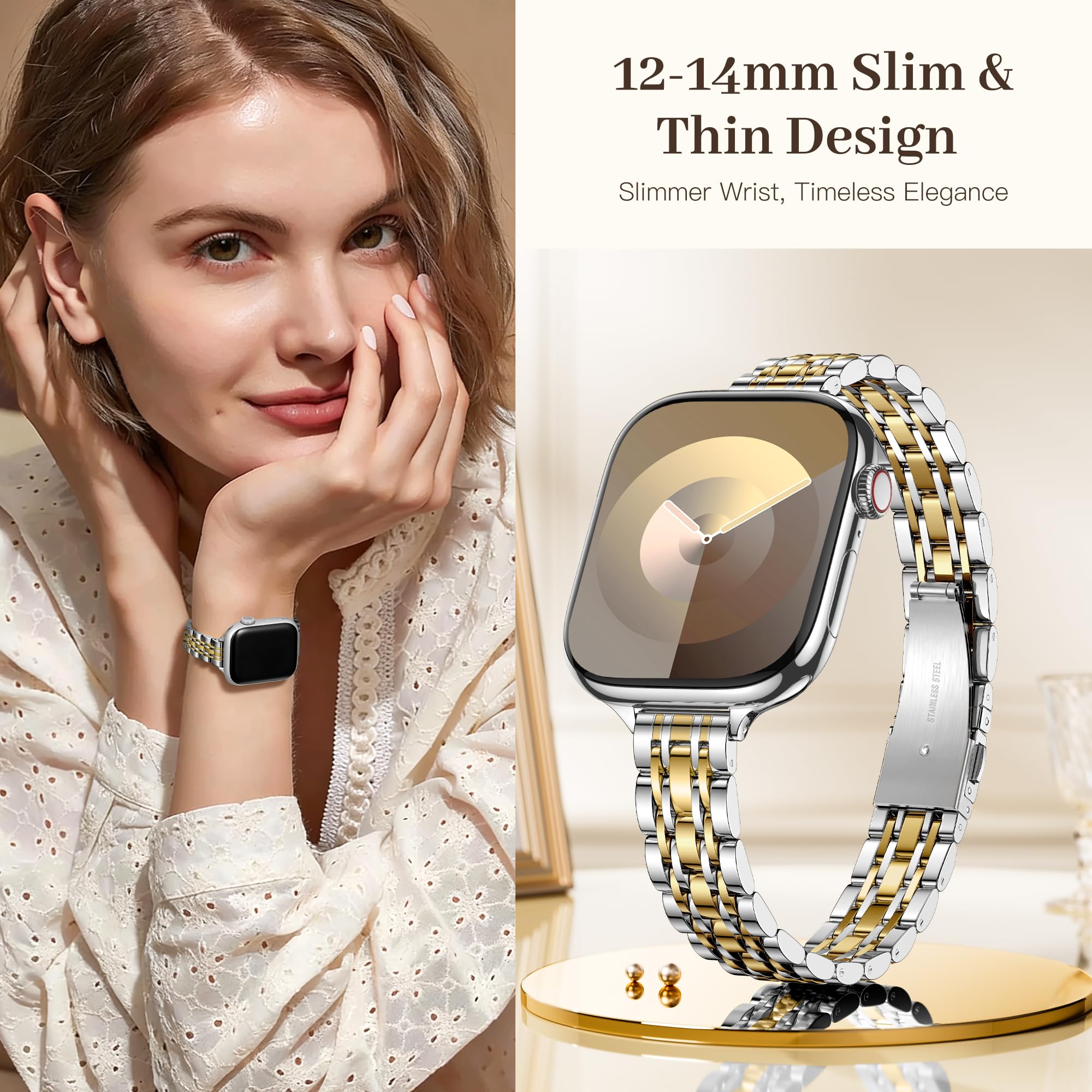 Lerobo Bracelet fin en métal compatible avec les bracelets Apple Watch pour femme 40 mm, 41 mm, 42 mm, 38 mm, 44 mm, 45 mm, 46 mm, 49 mm, bracelet fin et élégant en acier inoxydable pour iWatch Series
