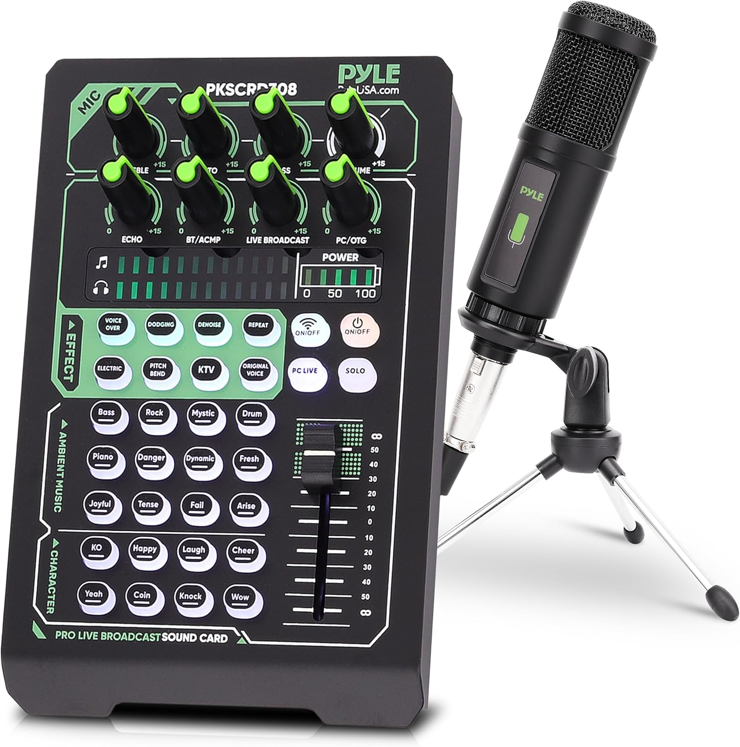 Pyle Portable Bluetooth Live Broadcast Sound Card Pro Audio Interface with Microphone Set for Streaming and Recording