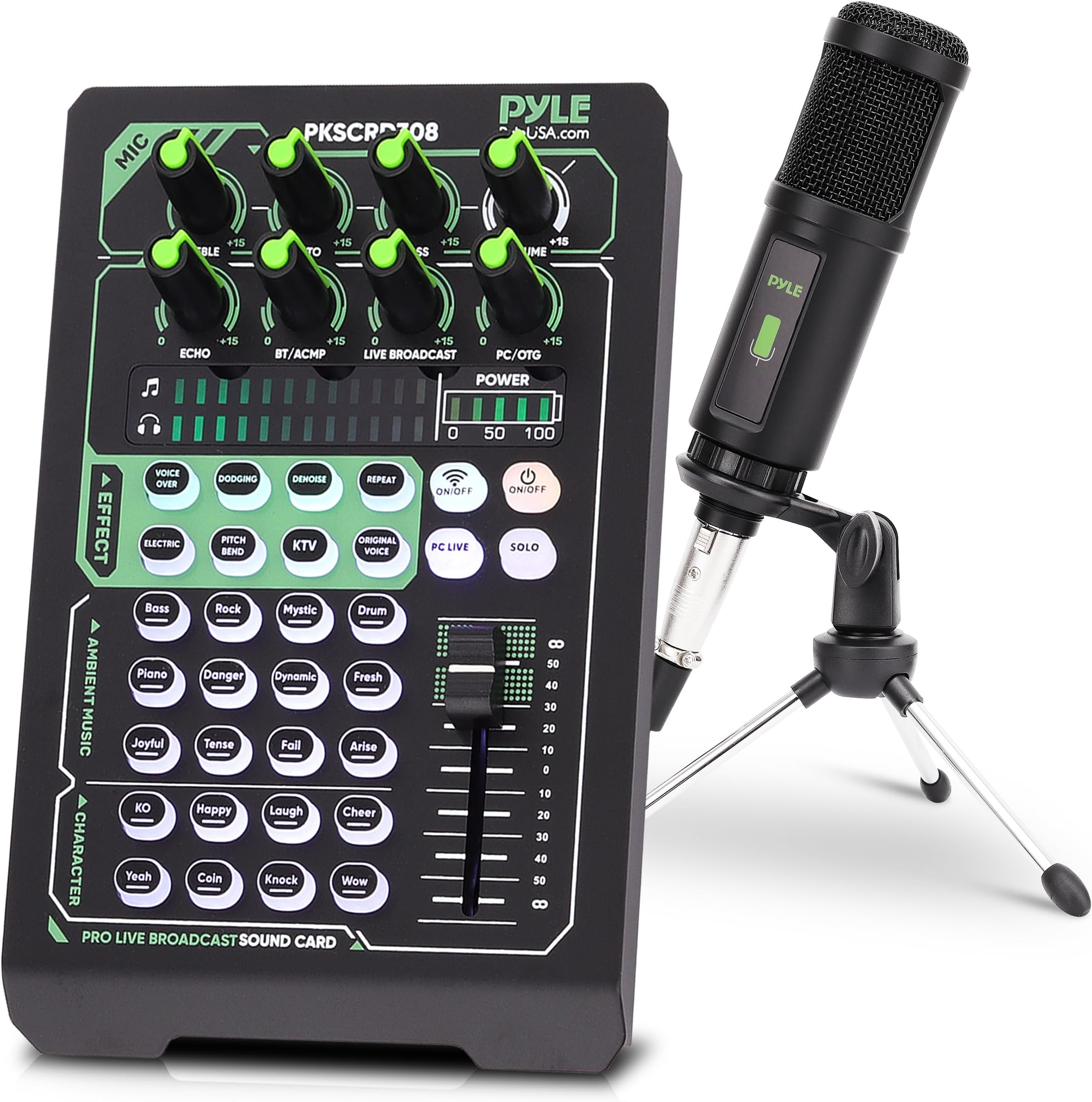 Pyle Portable Bluetooth Live Broadcast Sound Card Pro Audio Interface DJ mixer Condenser w/Microphone Set, for Streaming Podcasts Studio, Recording PC, Gaming, Phone, w/FX, Ambient Sounds