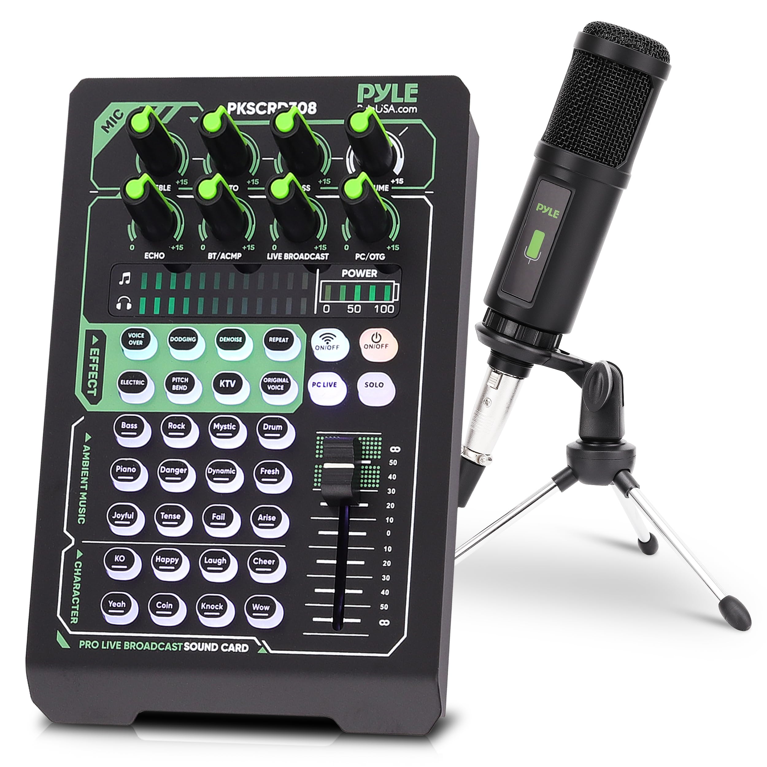 Pyle Portable Bluetooth Live Broadcast Sound Card Pro Audio Interface DJ mixer Condenser w/Microphone Set, for Streaming Podcasts Studio, Recording PC, Gaming, Phone, w/FX, Ambient Sounds