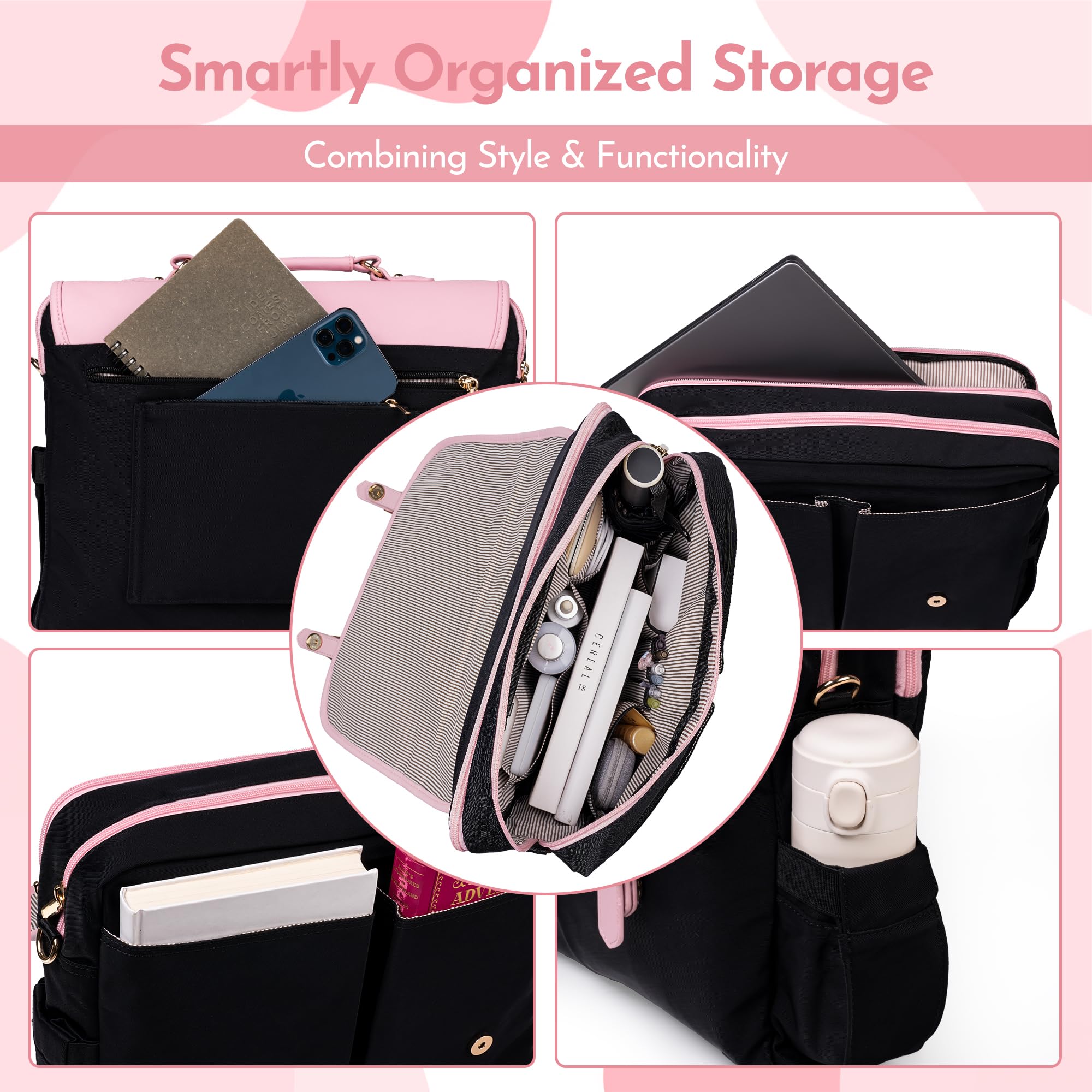 Bolsa de lona para laptop para mujer; bolsa de trabajo ligera tipo mensajero; bolsa grande con cremallera para la escuela, 17 bolsillos