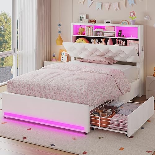 Miniatura 12 de Marco de cama individual con cabecero de almacenamiento oculto y 4 cajones, cama tapizada individual con luces LED y estación de carga, no necesita