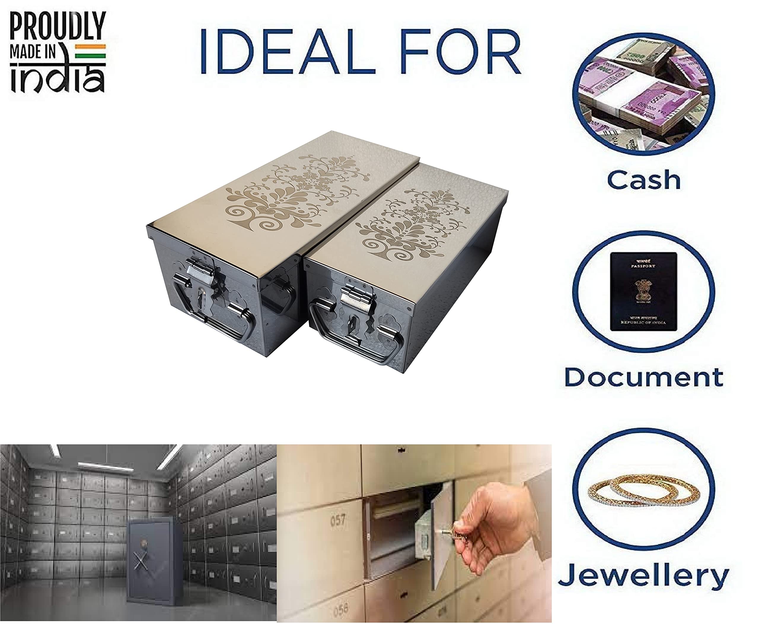 GinoSet® Stainless Steel safe Locker Boxes For Cash Peti Pooja Jewellery set Box (Multi_Pack of 3) Size -8 Inch, 10 Inch, 12 Inch With Laser Printed Tree