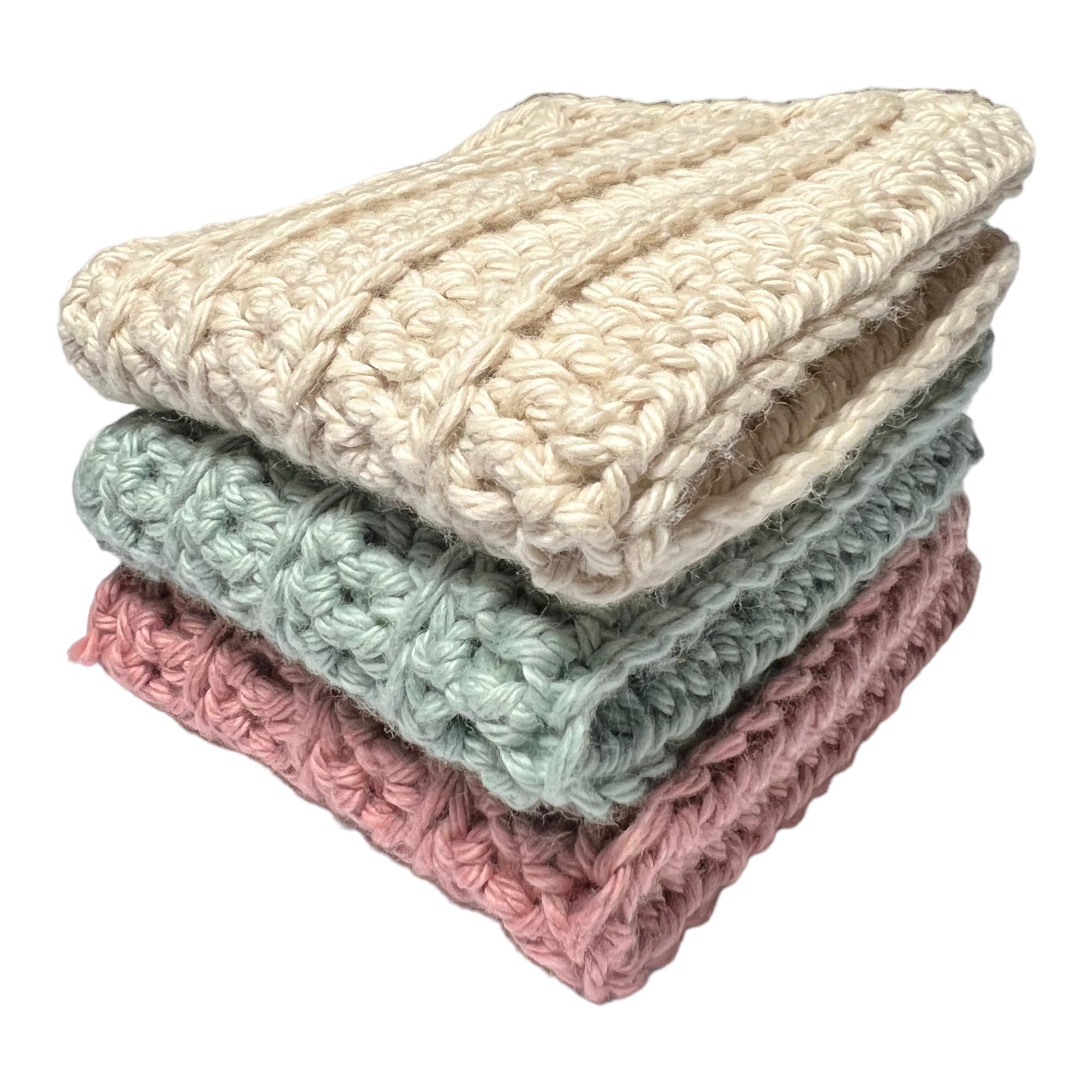 Handmade Crochet Washcloths, 100% cotton washcloths set of 3, Dish Towels, dish cloths, Baby wipes, Baby washcloths, Spa Cloths, Rose Pink, Sage and Linen Cotton Wash Cloths set of 3.
