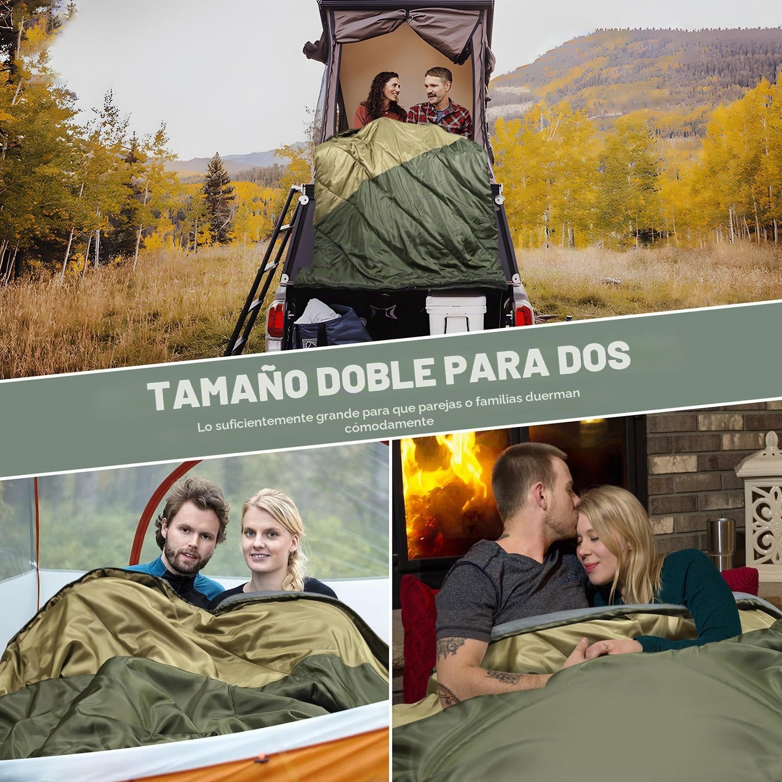 Saco de dormir doble, saco de dormir para 2 personas, tamaño Queen, para adultos, parejas, familia, camping, mochileros, XL, impermeable, ligero, para clima frío y cálido (verde militar)
