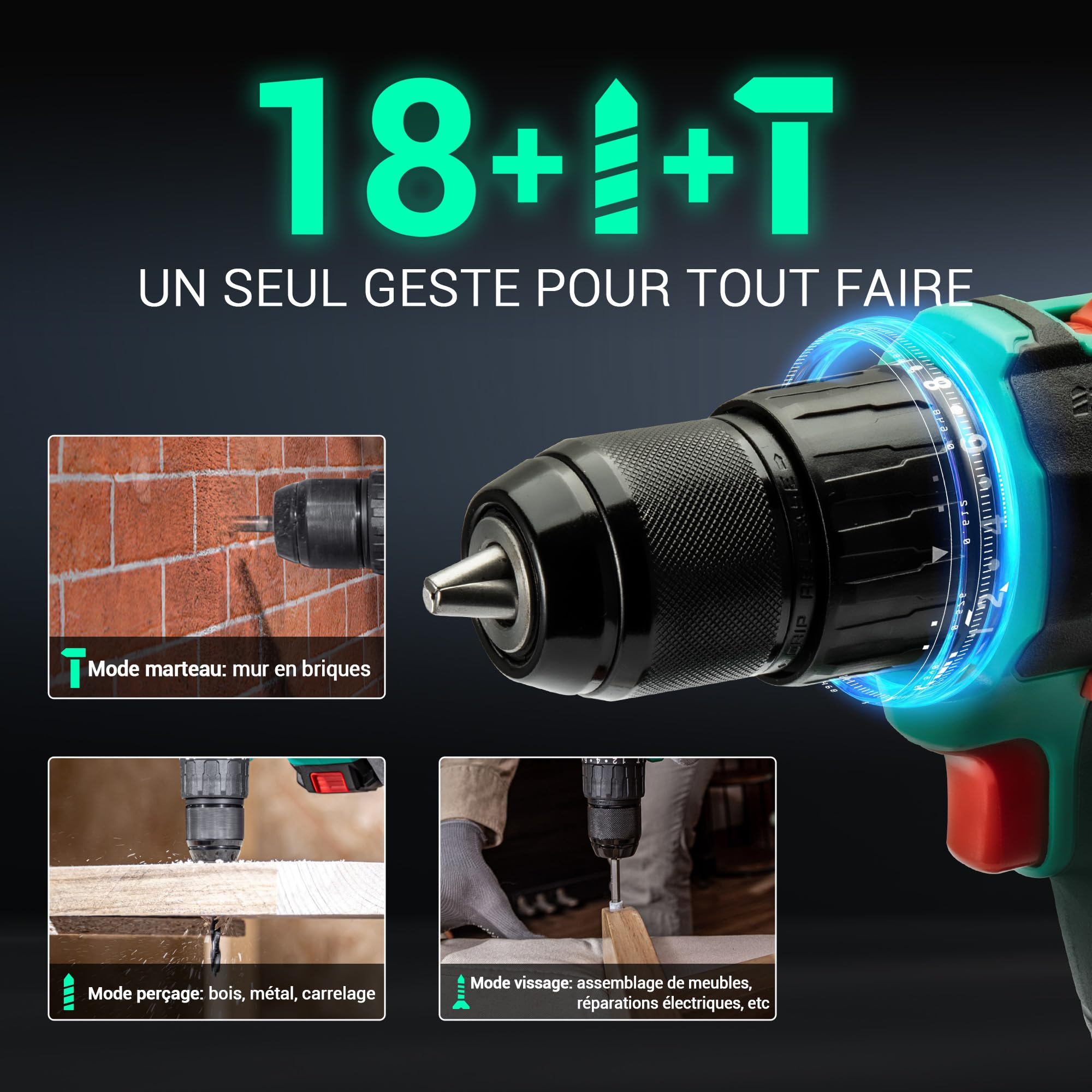Perceuse à percussion sans fil 20V Brushless 55Nm 13mm mandrin tout métal 18+1 réglages couple 0-450/1800 tr/min batterie 2x2.0Ah chargeur