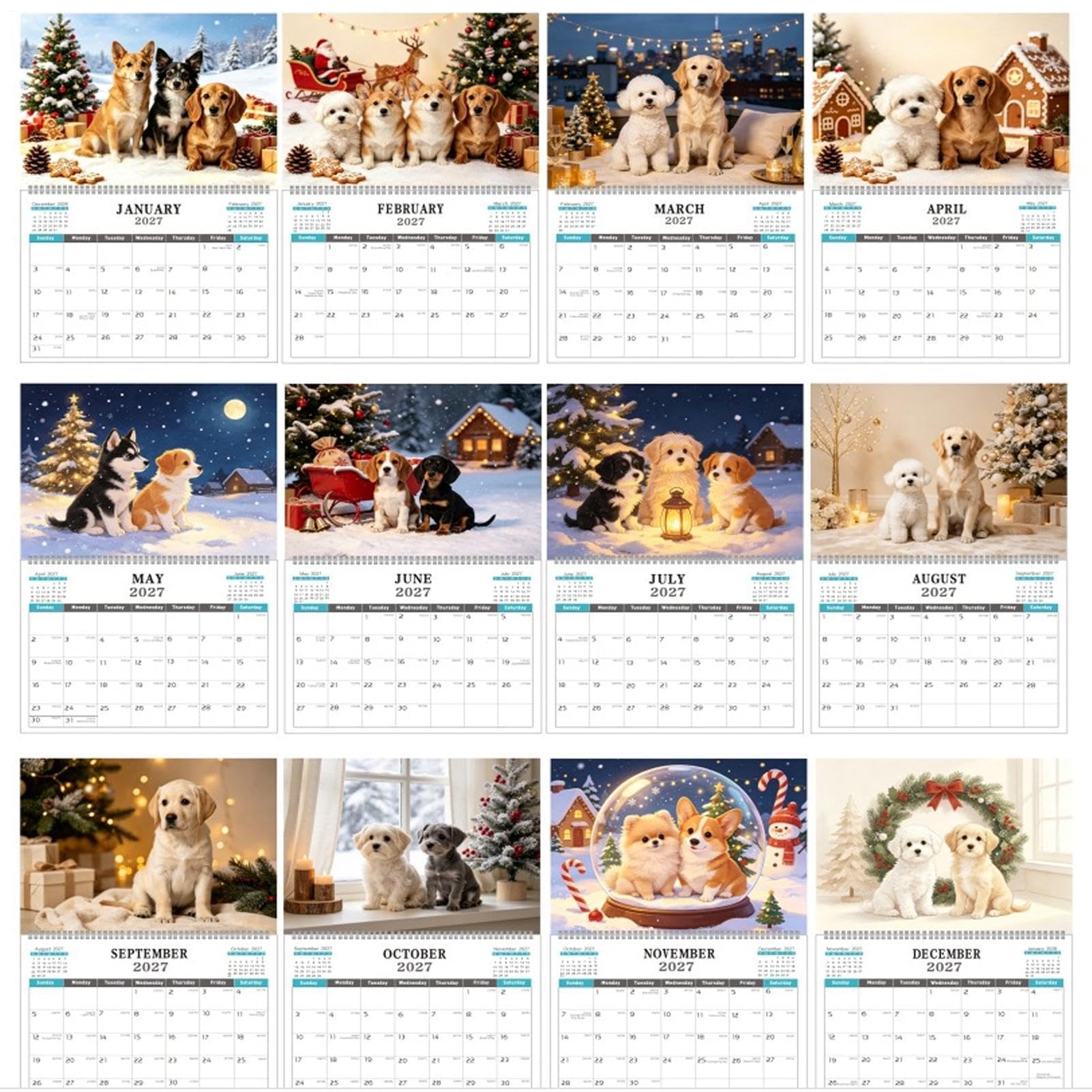 Calendrier mural 2027 amusant et mignon sur 12 mois en forme de chien