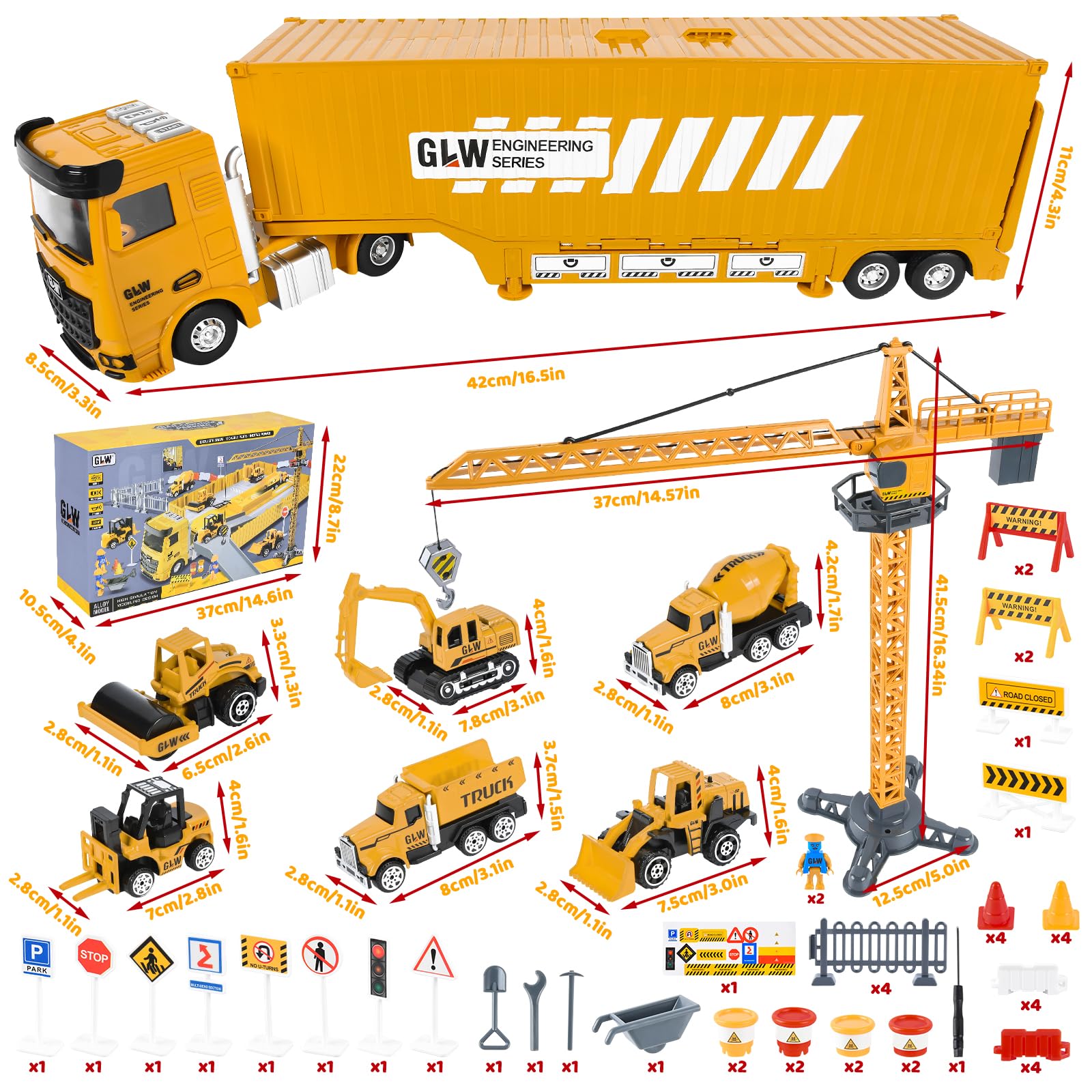 FORMIZON Camion Giocattolo per Bambini, Veicoli da Cantiere con Musica e Luci, 6 Mini Veicoli, Gru Giocattolo Gialla