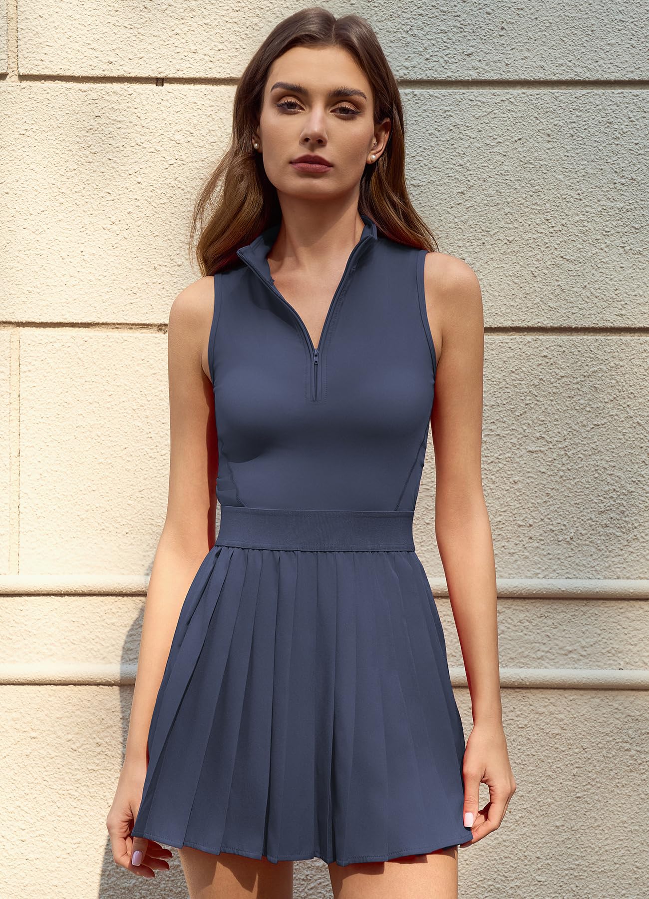 QINSEN Womens Zip Front Tennis Dress High Neck Pleated Sleeveless Two Pieces Golf Athletic Dress with Pockets - 4