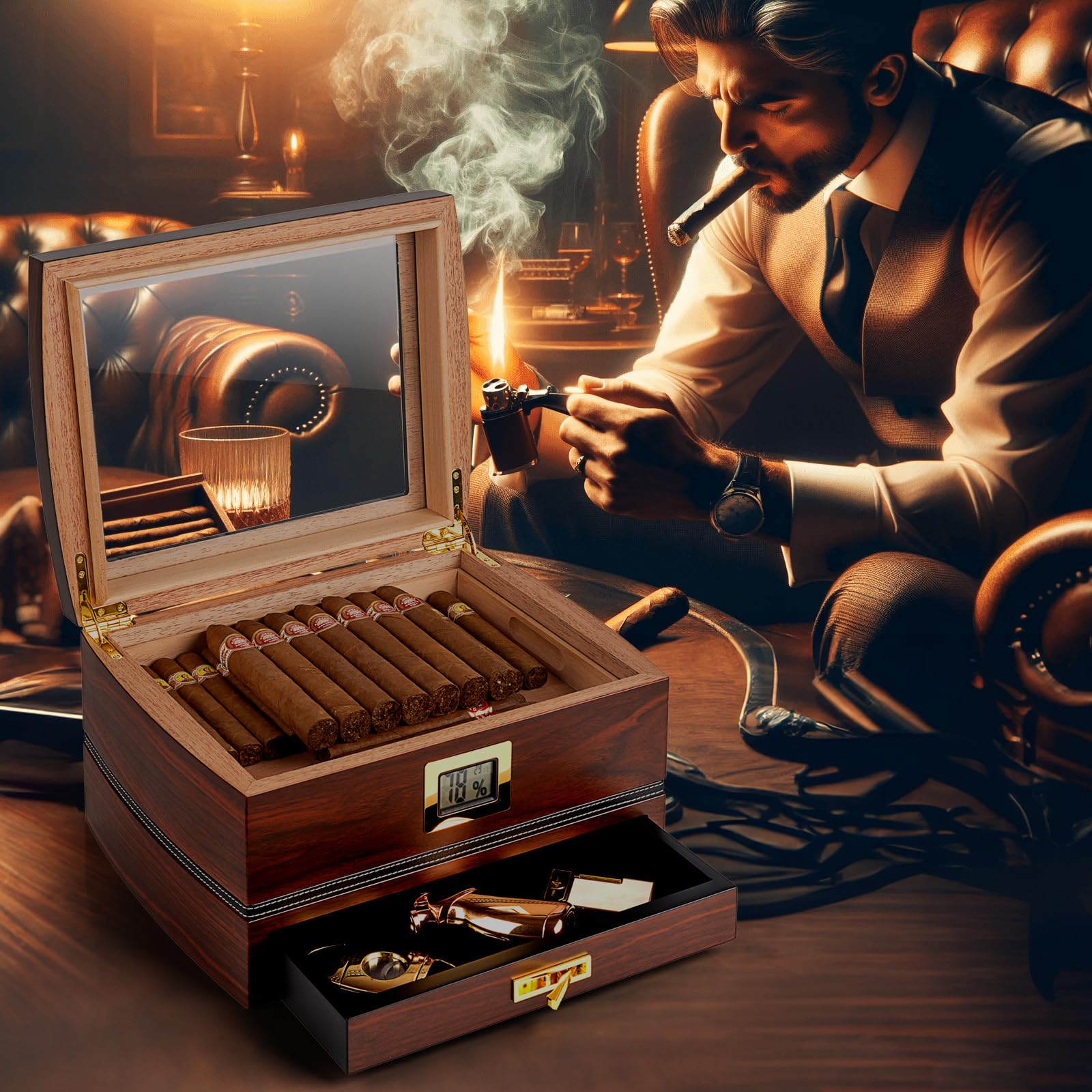 Humidor in Cedro per 75 Sigari, Igrometro, Finitura Noce | Cedro spagnolo, vetro temperato, igrometro, umidificatore, 2 divisori e cassetto accessori in feltro; fino a 75 sigari