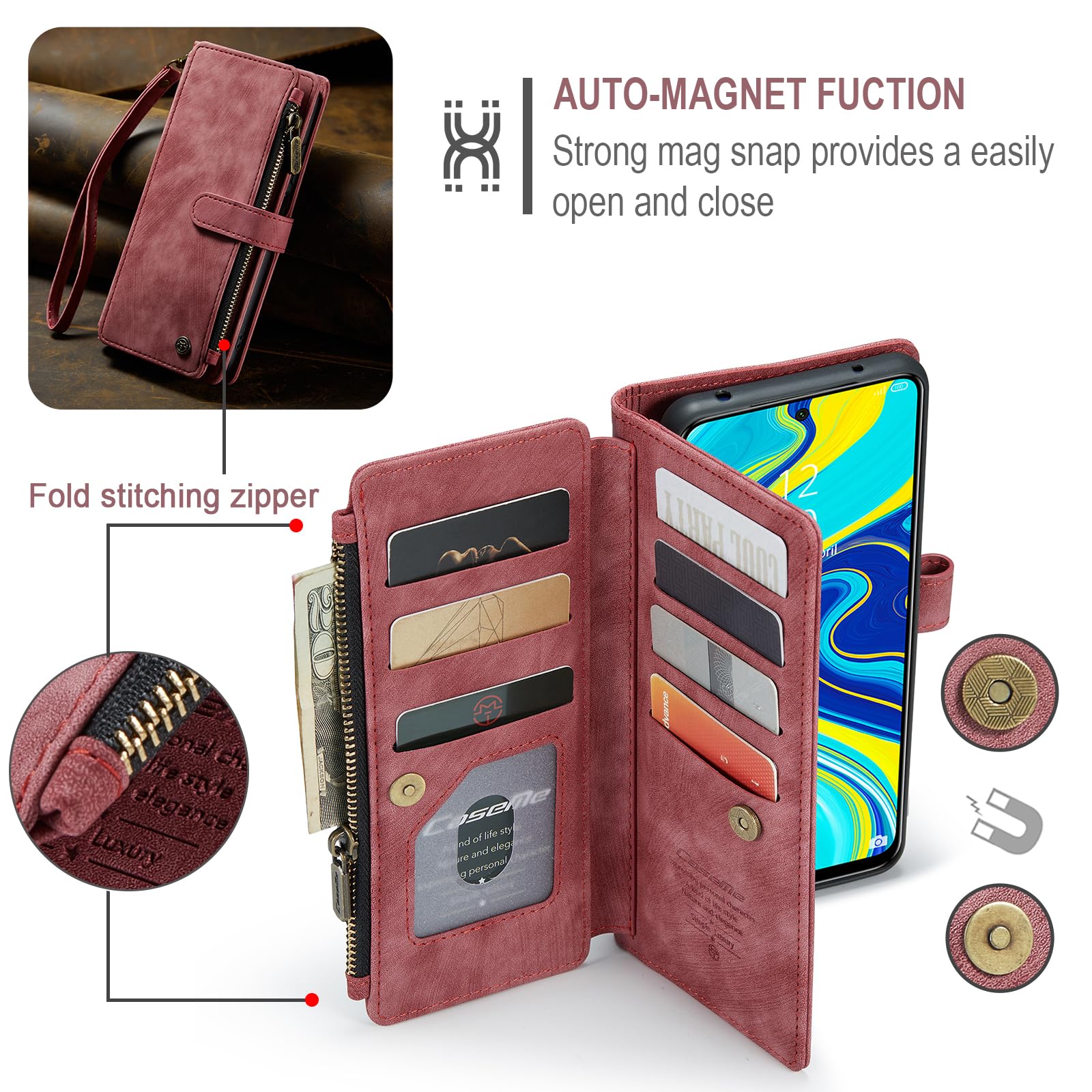 for Xiaomi Redmi Note 9 Pro Max/9 Pro/9S Wallet Stand Case, PU Leather Flip Cover with Soft TPU Back Cover, Magnetic Closure - Image 4