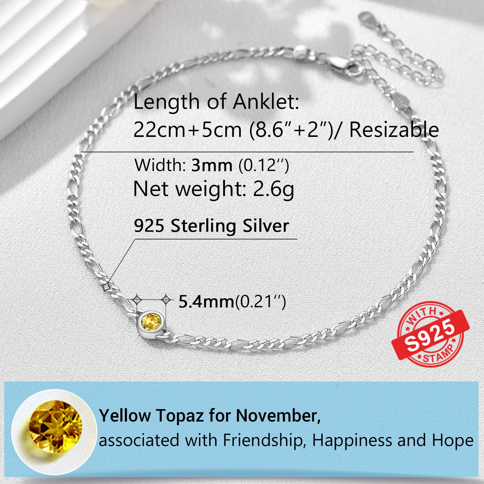 PROSILVER Cavigliera Argento 925 con Pietra Portafortuna 12 Mesi da Estate Spiaggia con Confezione Regalo 22+5cm Regaolabile