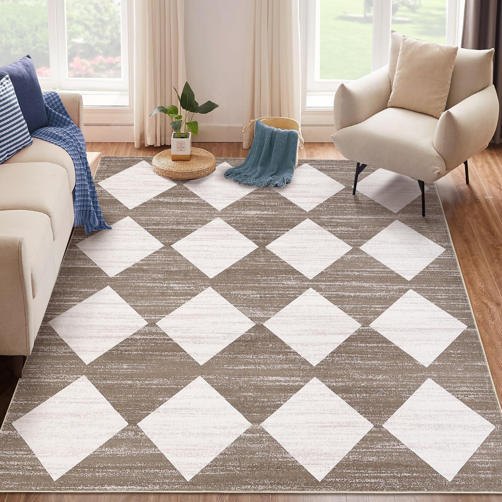 MilleLoom Washable Rugs 8x10 Area Rug Checkered Soft Modern Trellis Living Room Rugs Large Rug Non-Slip Easy Clean Bedroom Floor Carpet Mat for Dining