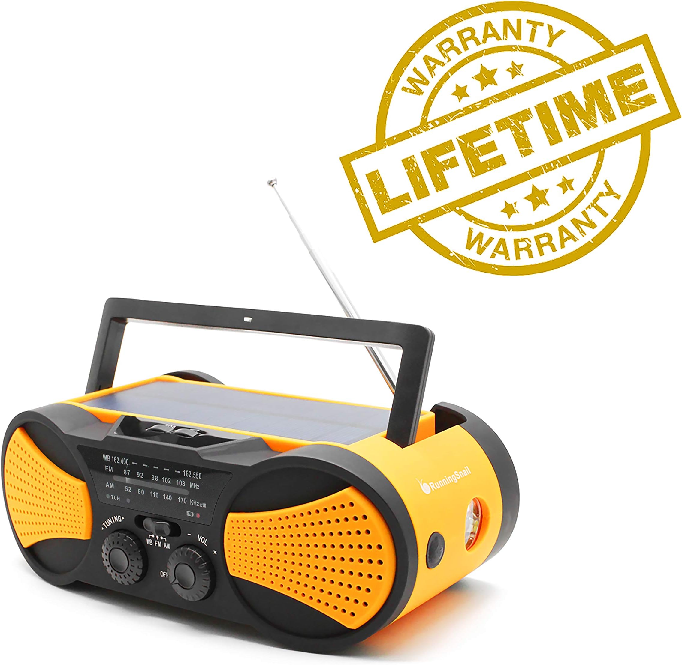 Crank Radio, NOAA Weather Radio, Audio Speaker, RunningSnail AM/FM Emergency Radio with 4000mAh Battery, 1W Flashlight, 4LED Reading Lamp,1W Solar Panel Charger, SOS Alarm (Orange)