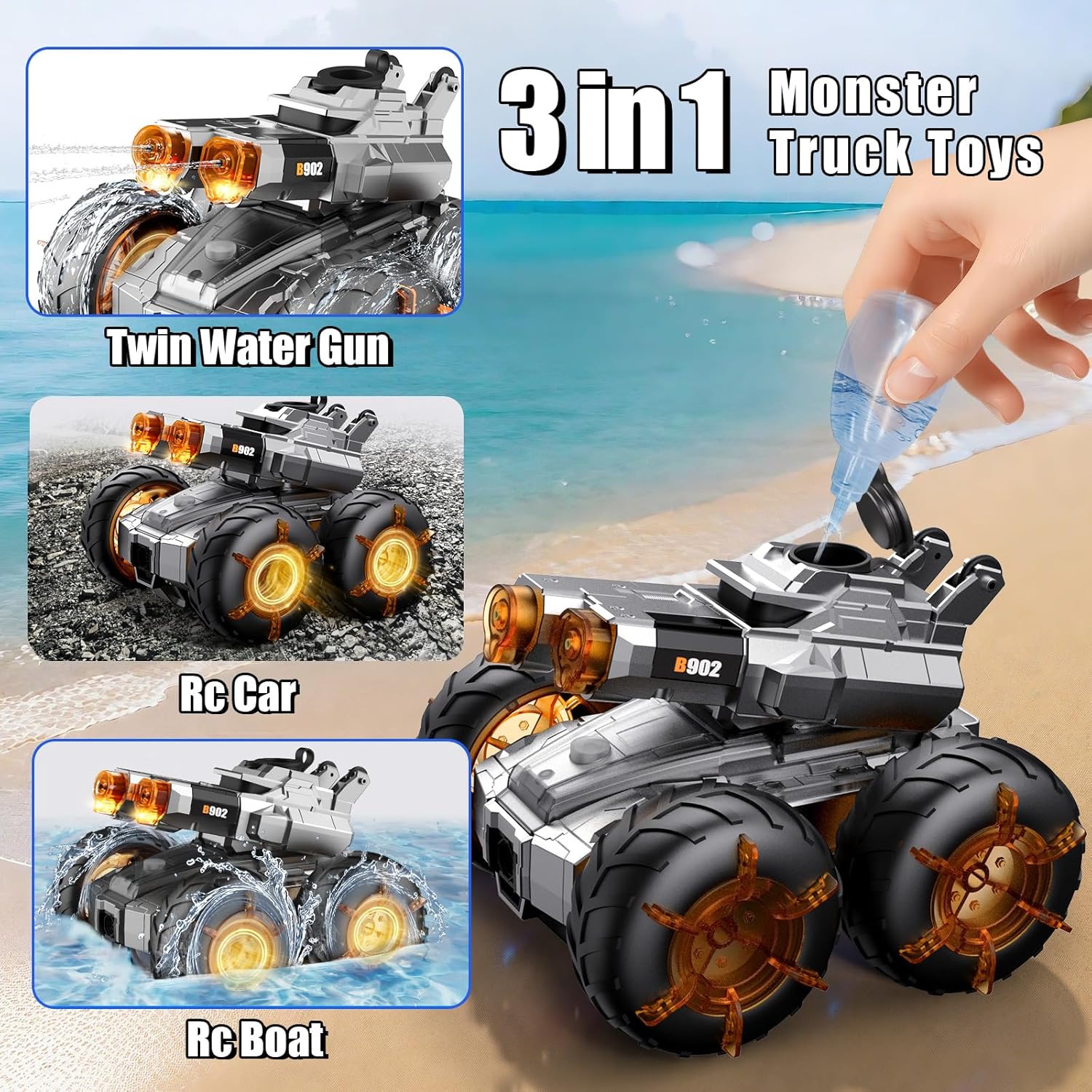 Amphibious Remote Control Car with Water Gun, Waterproof RC Monster Truck Toys 4WD All-Terrain RC Cars, Gesture Sensing Rc Stunt Car, RC Trucks Toys Gifts for 8 9 10 11 12 Year Old Boys