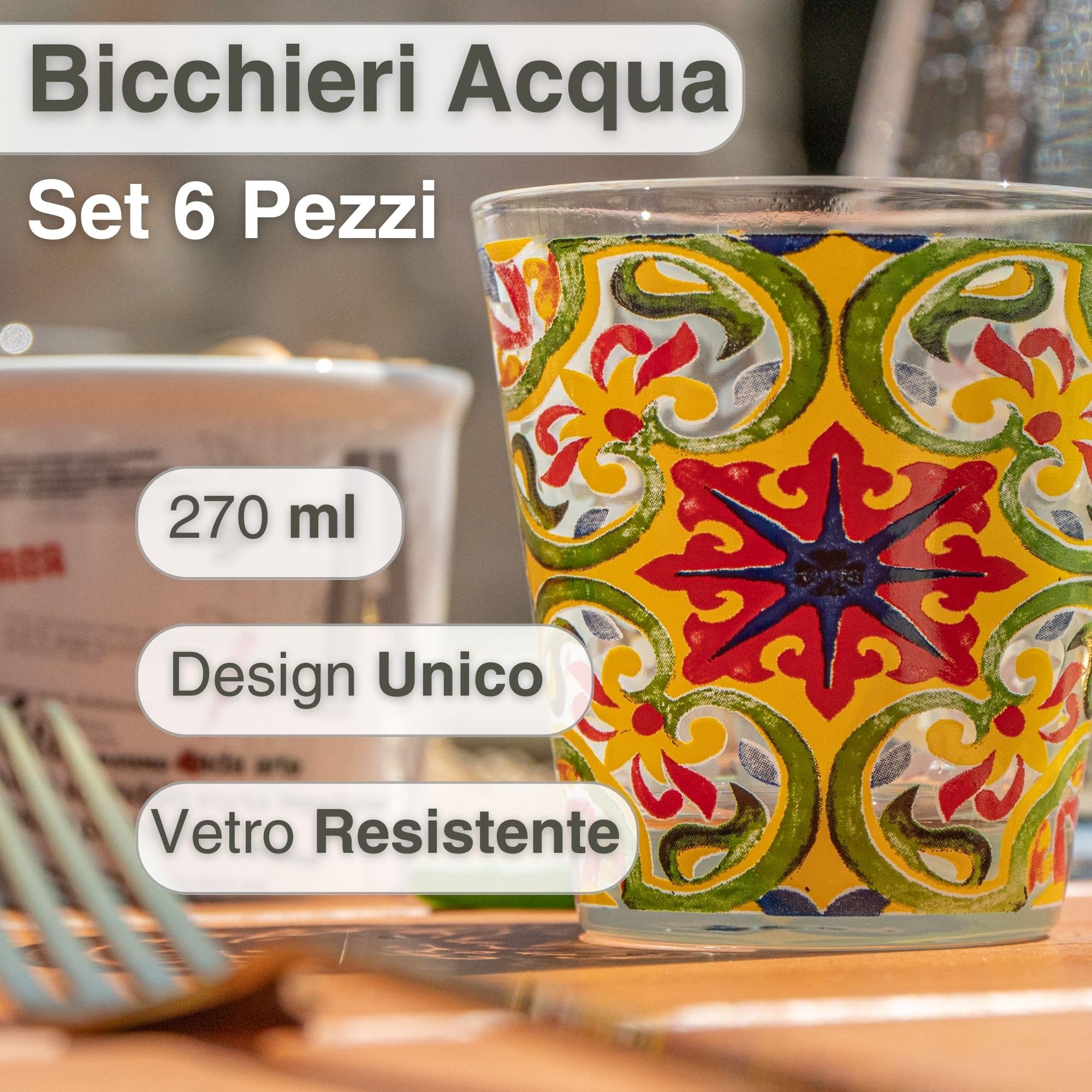 NAMAI - Set 6 Bicchieri Colorati Vetro, 270 ML, Design Unico, Adatti alla Lavastoviglie e Microonde, Vetro Resistente, Colori Vivaci, Idea Regalo, Made In Italy