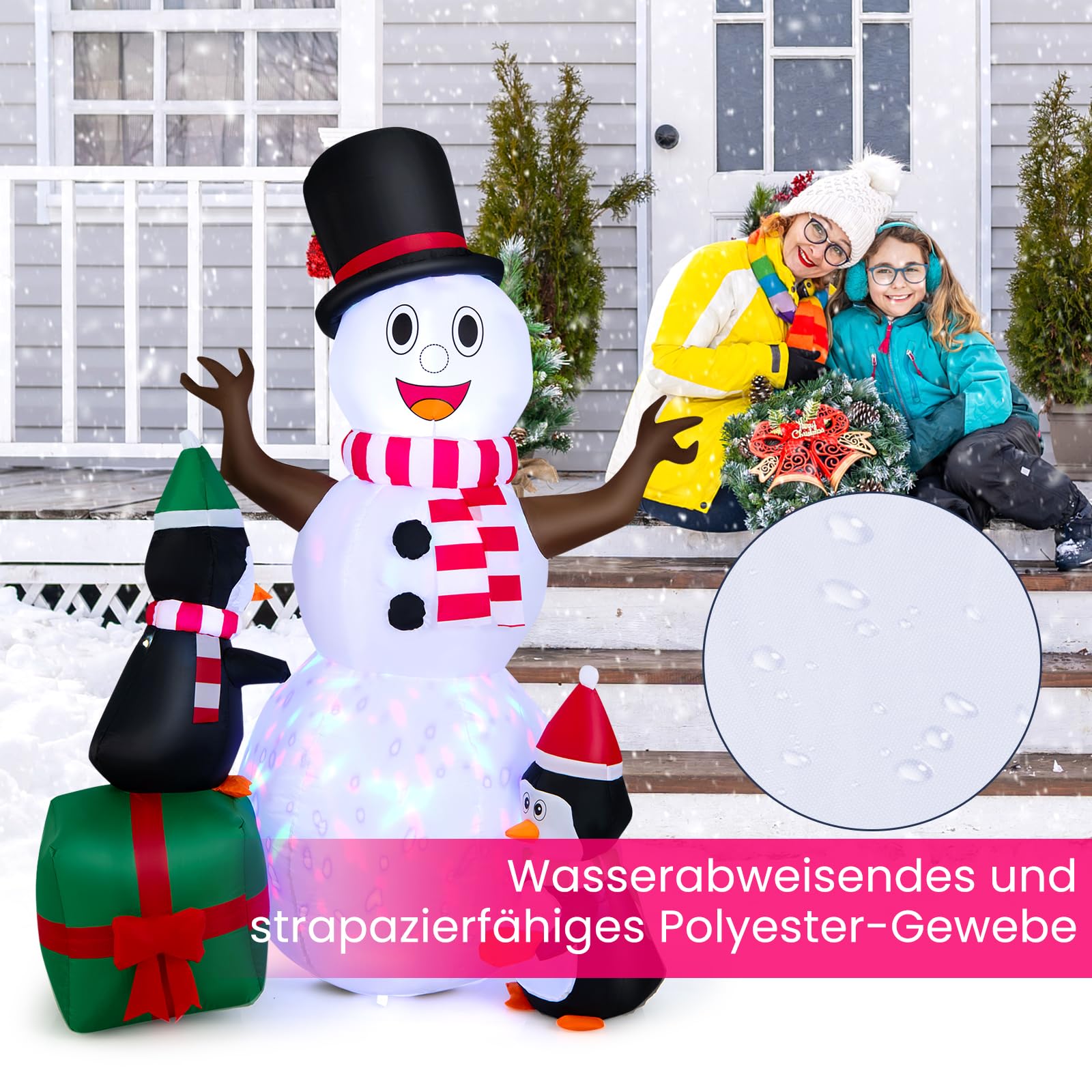 COSTWAY 180CM Aufblasbarer Schneemann mit Pinguinen, Weihnachten Deko draußen XL, Weihnachtsdeko Outdoor mit bunten LED Lichtern, Festdekoration selbstaufblasend