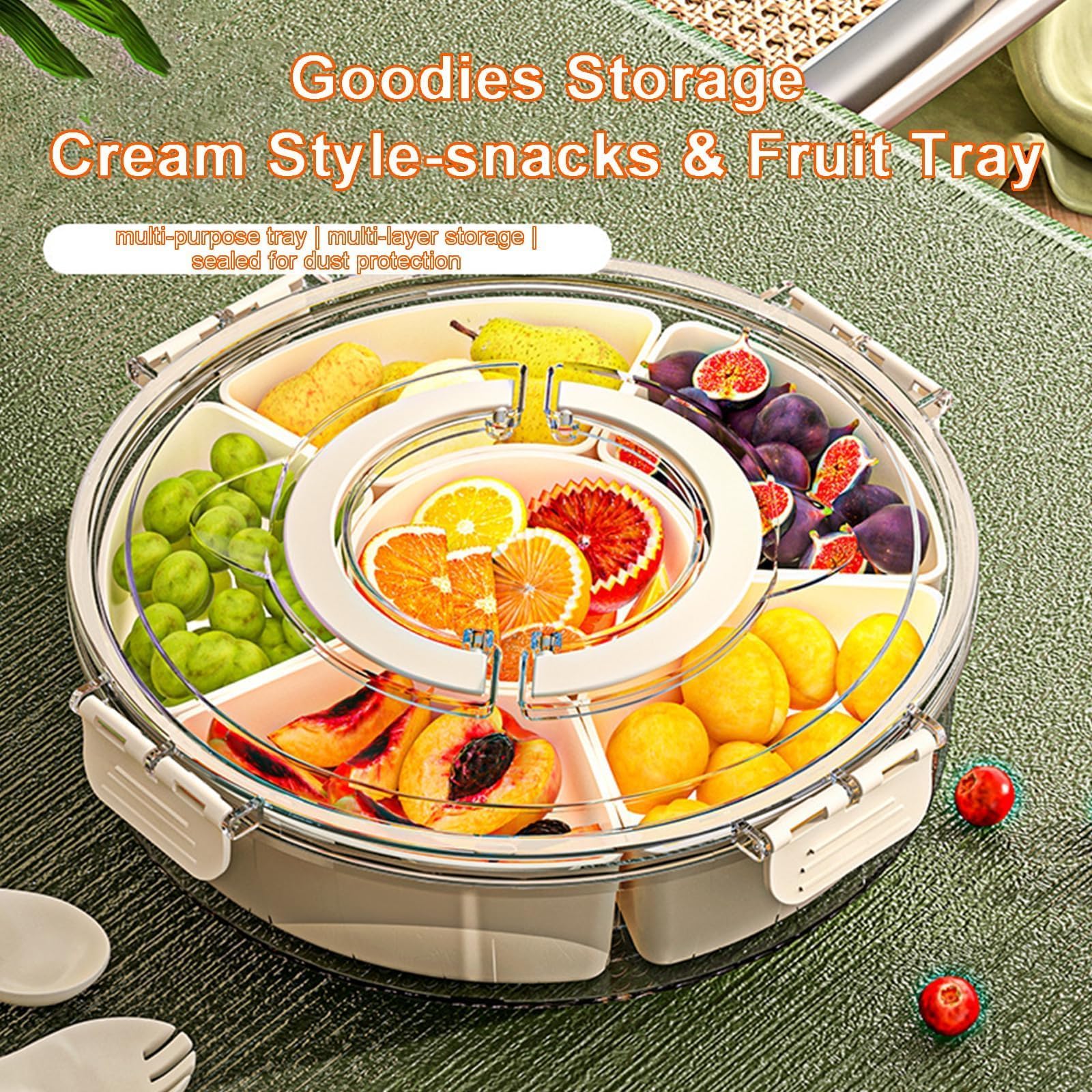 Contenitore portatile per snack con coperchio e manico, vassoio girevole diviso con 6 scomparti per feste, picnic e viaggi