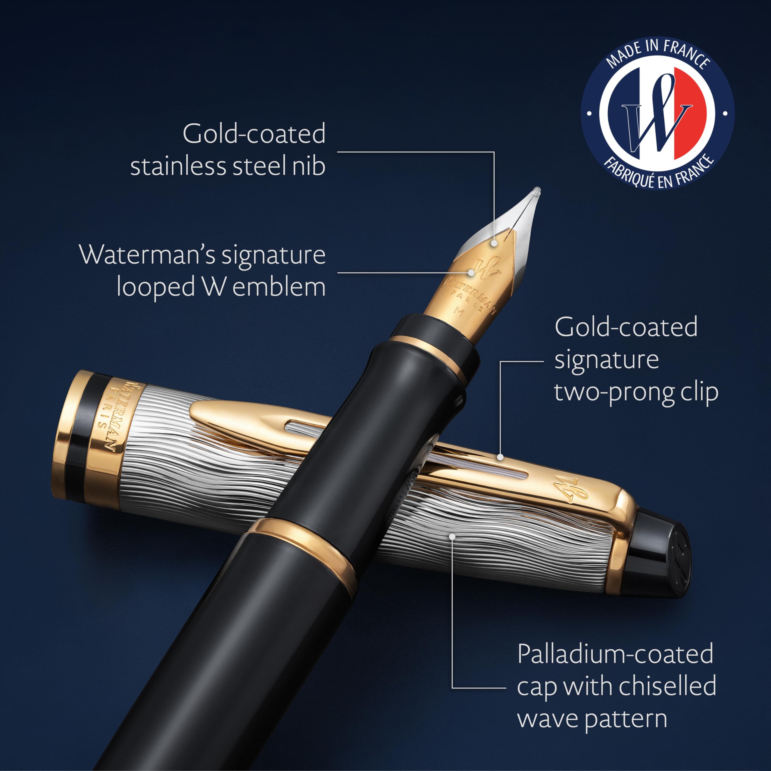Waterman Expert Füller | Metall und schwarzer Lack mit goldenen Zierteilen, ziselisierte Kappe | Füllfederhalter mit feiner Edelstahl Feder | Geschenkbox