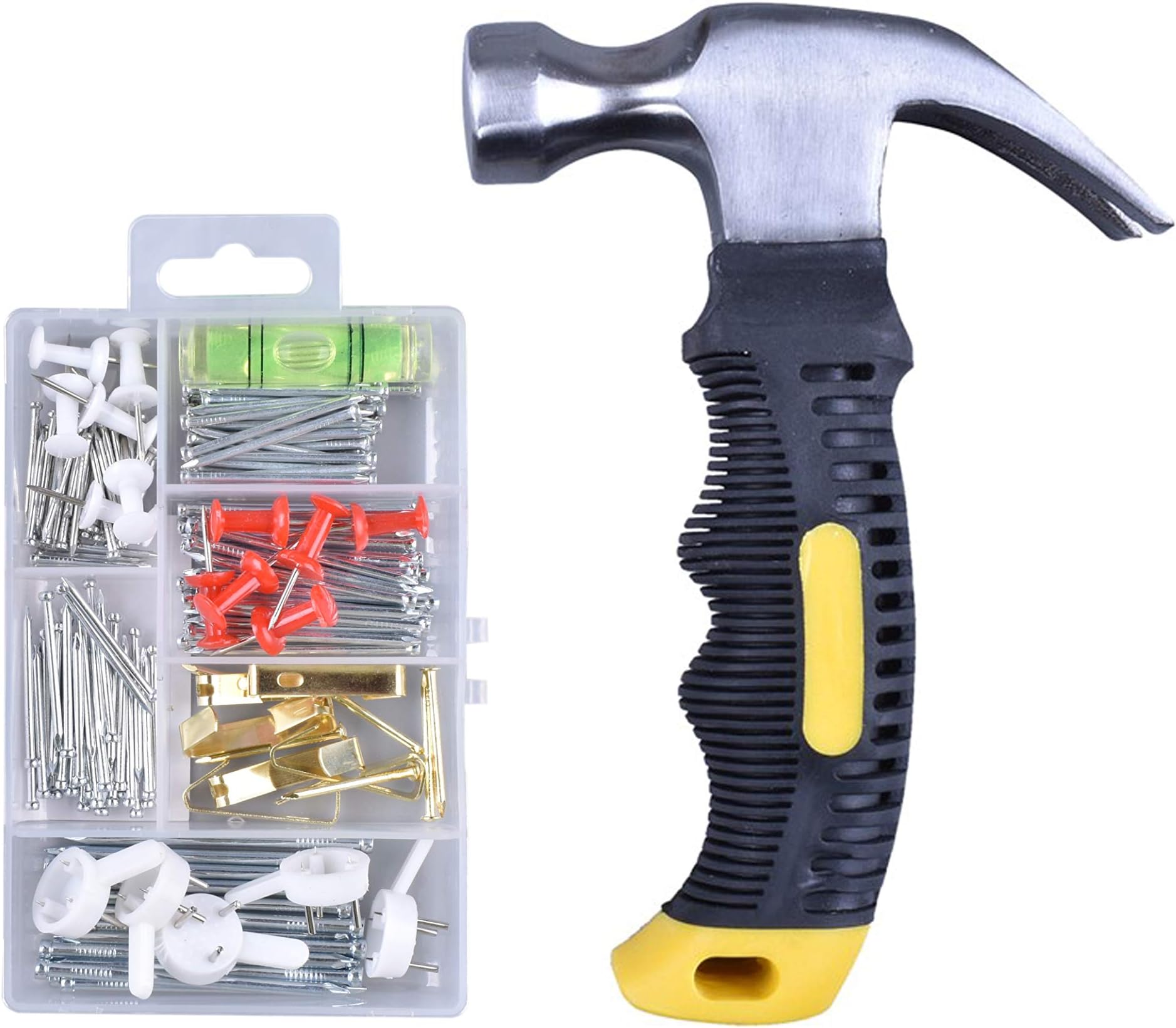 Non Slip 8 oz Claw Hammer Push Pins Hooks Anchors Pictures Set. Common Brad Finish Wire Picture Hanging Nail Assortment Wood Plaster Drywall Hammers Wall Nails Dad Kids Household DIY Maintenance Tools